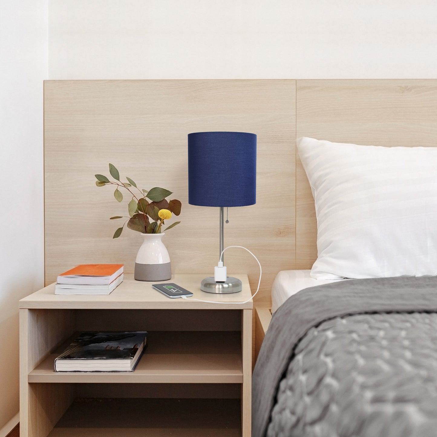 All The Rages Oslo 20" Brushed Steel Base Standard Table Lamp With Power Outlet & Navy Fabric Shade