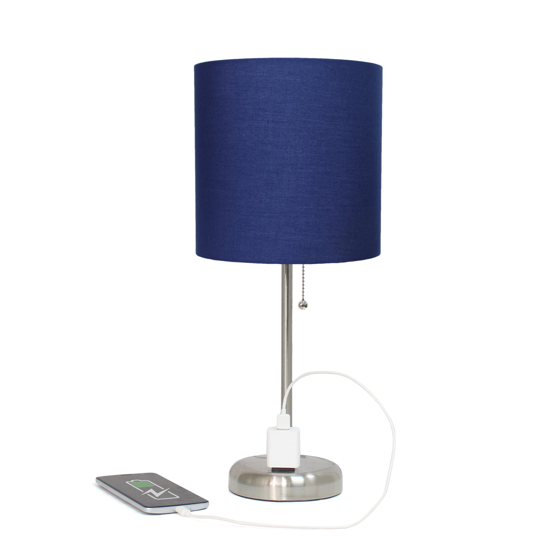 All The Rages Oslo 20" Brushed Steel Base Standard Table Lamp With Power Outlet & Navy Fabric Shade