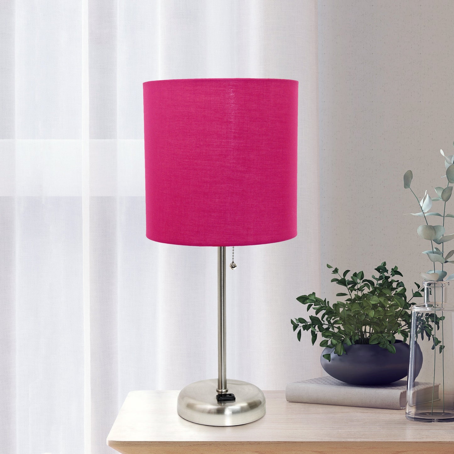 All The Rages Oslo 20" Brushed Steel Base Standard Table Lamp With Power Outlet & Pink Fabric Shade