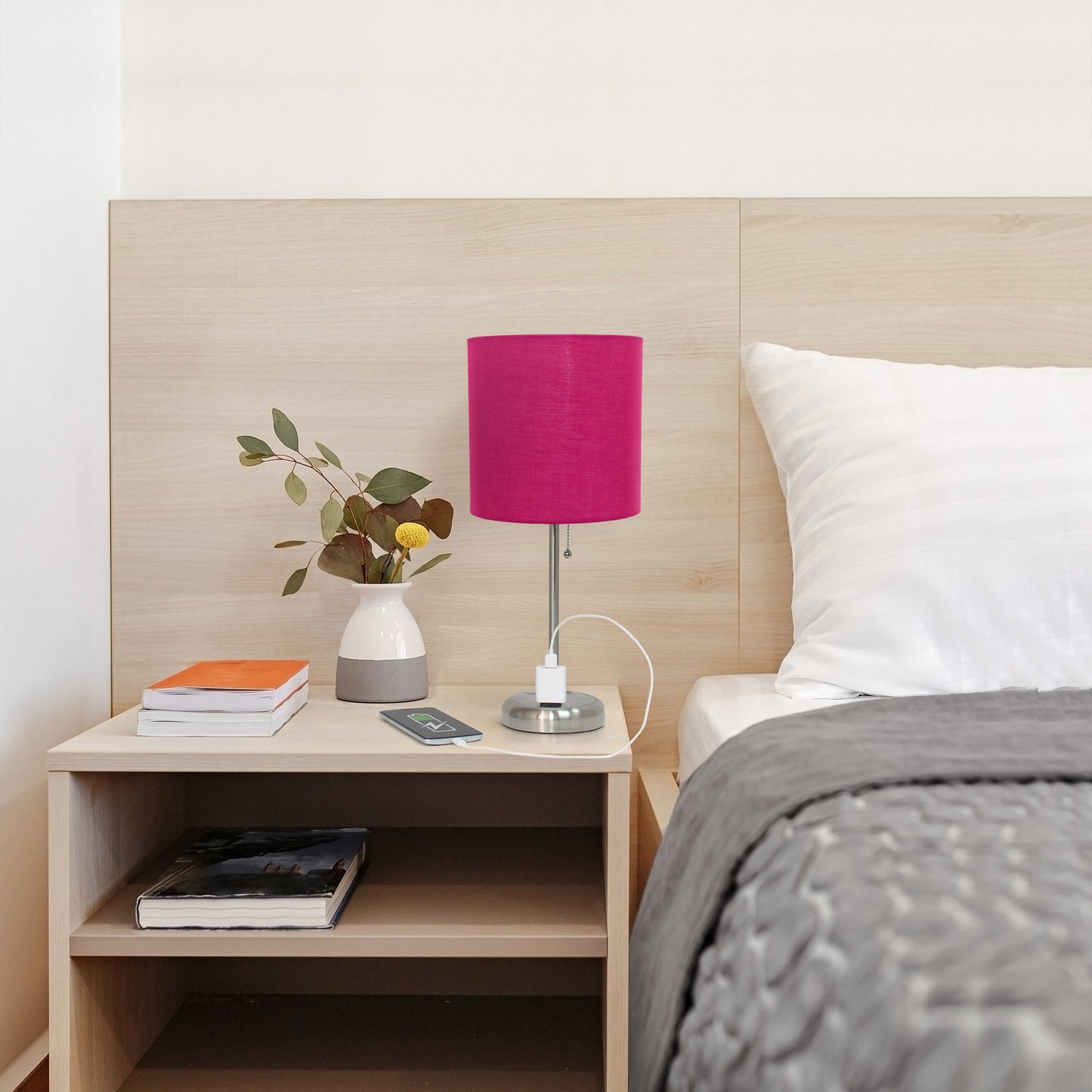All The Rages Oslo 20" Brushed Steel Base Standard Table Lamp With Power Outlet & Pink Fabric Shade