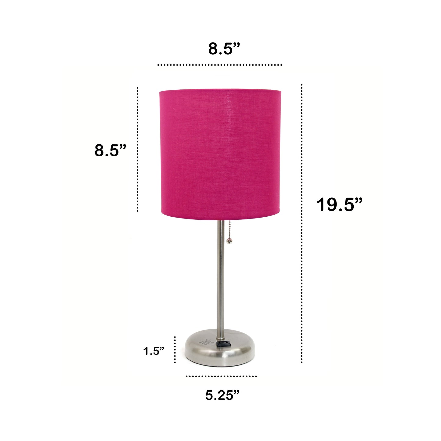 All The Rages Oslo 20" Brushed Steel Base Standard Table Lamp With Power Outlet & Pink Fabric Shade