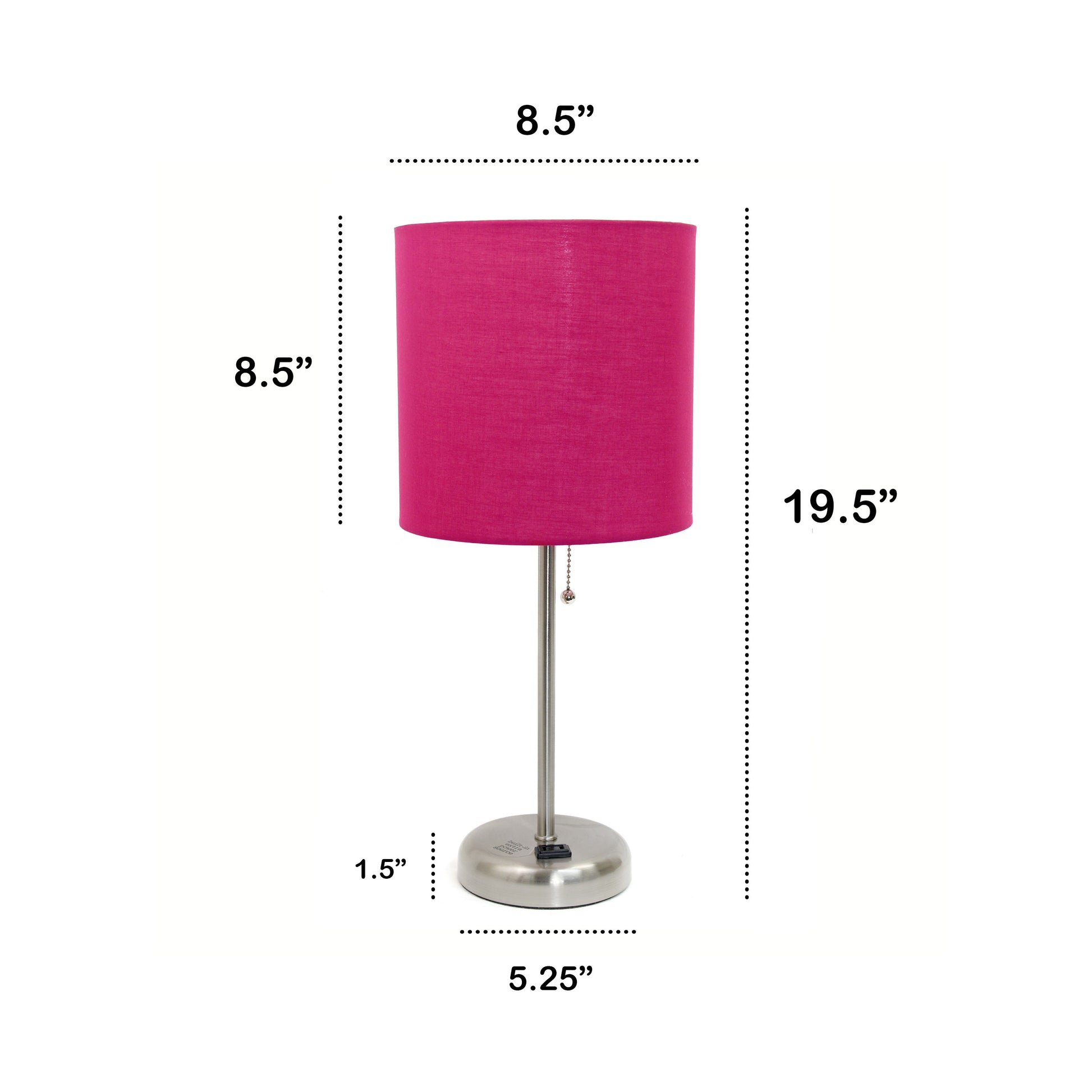 All The Rages Oslo 20" Brushed Steel Base Standard Table Lamp With Power Outlet & Pink Fabric Shade