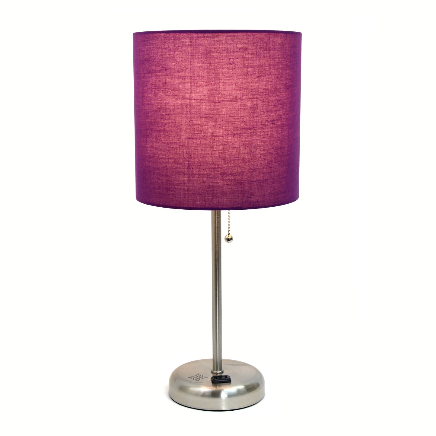 All The Rages Oslo 20" Brushed Steel Base Standard Table Lamp With Power Outlet & Purple Fabric Shade