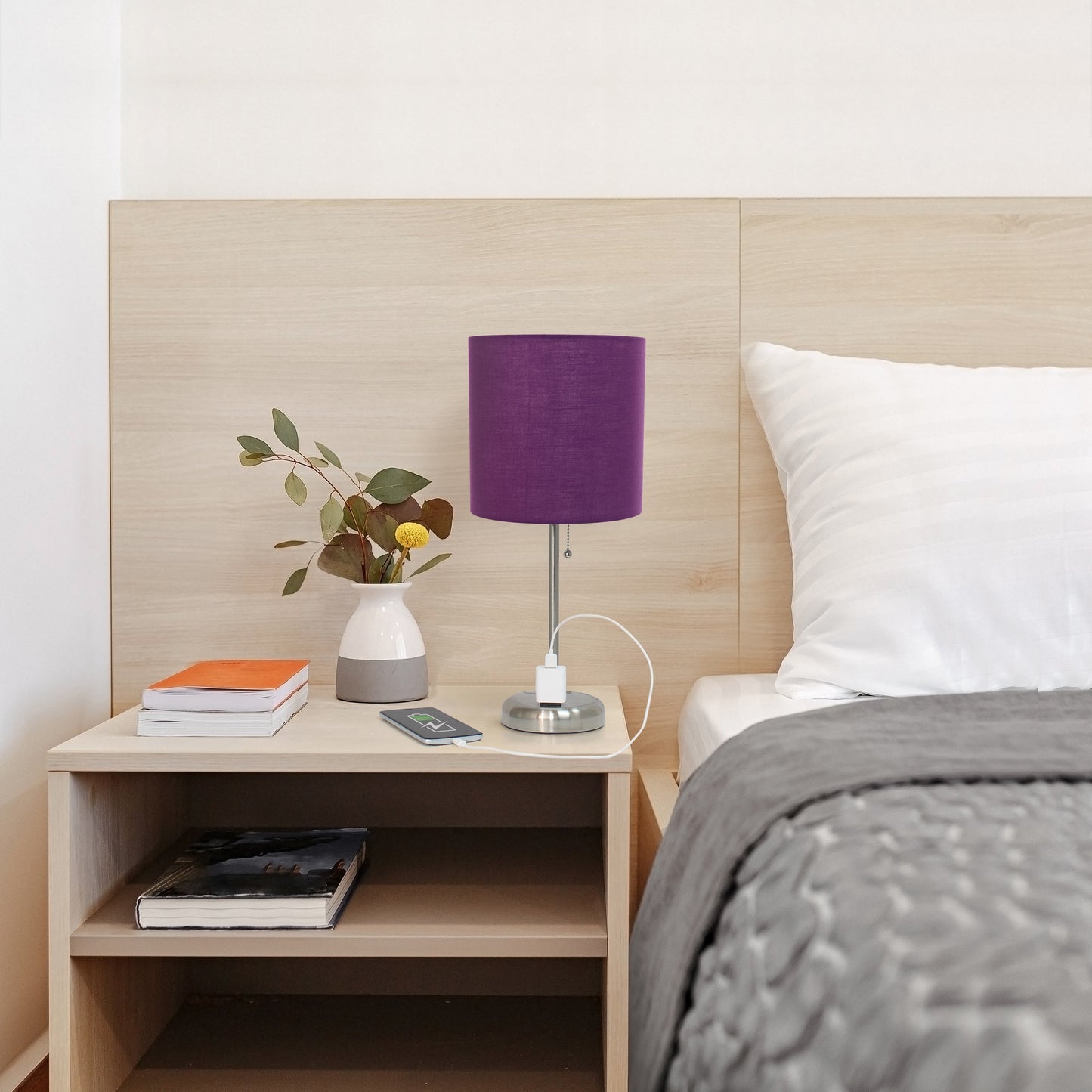 All The Rages Oslo 20" Brushed Steel Base Standard Table Lamp With Power Outlet & Purple Fabric Shade