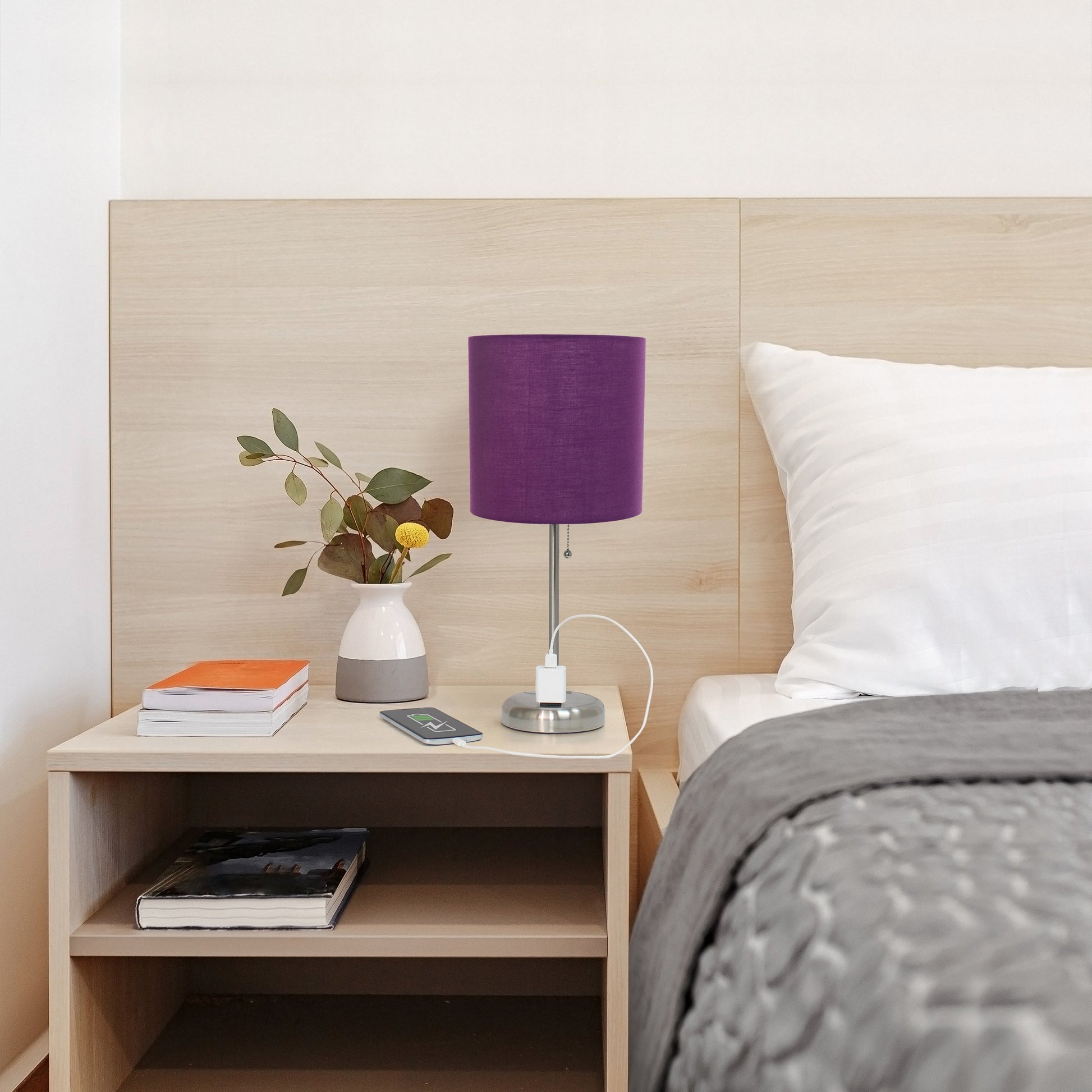 All The Rages Oslo 20" Brushed Steel Base Standard Table Lamp With Power Outlet & Purple Fabric Shade
