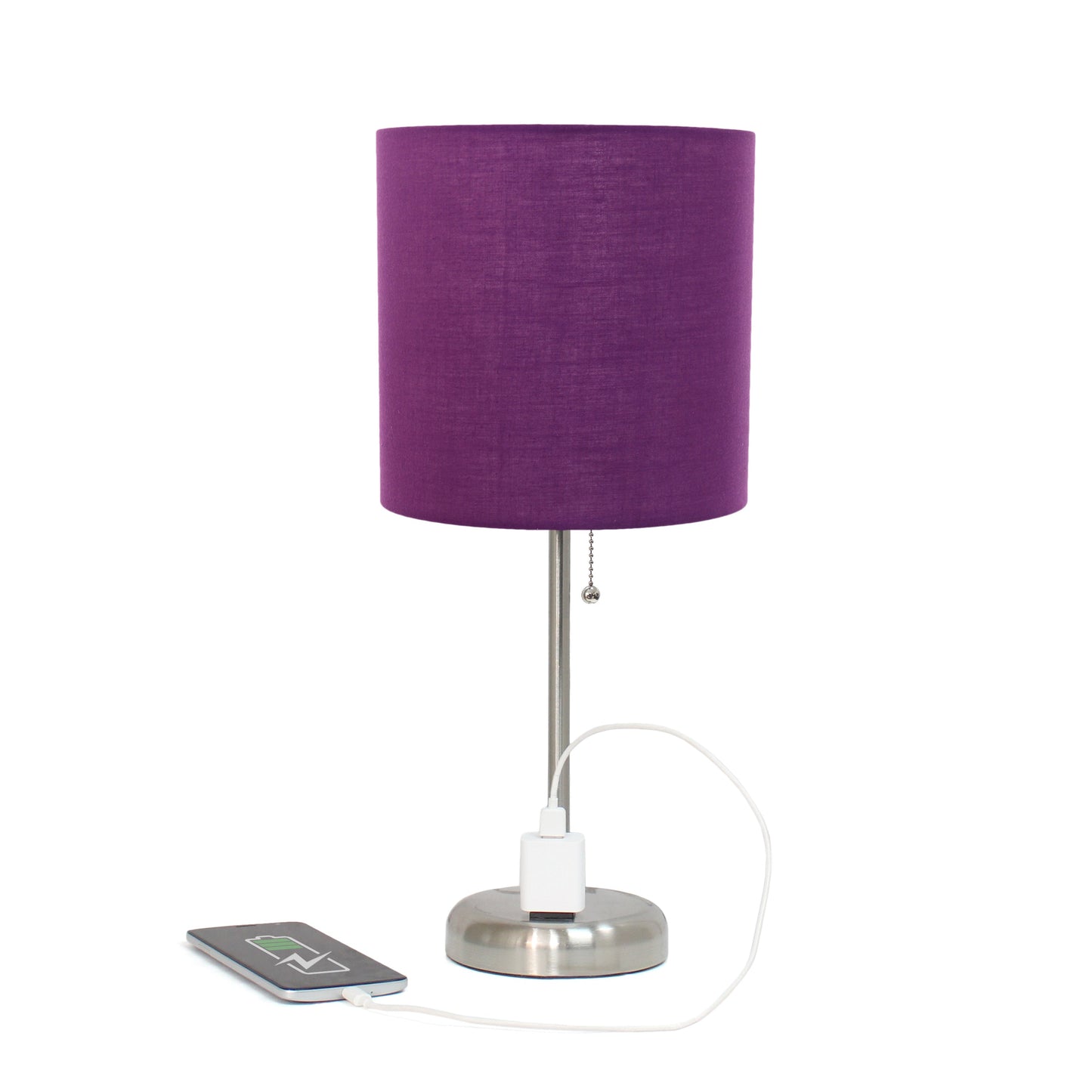 All The Rages Oslo 20" Brushed Steel Base Standard Table Lamp With Power Outlet & Purple Fabric Shade