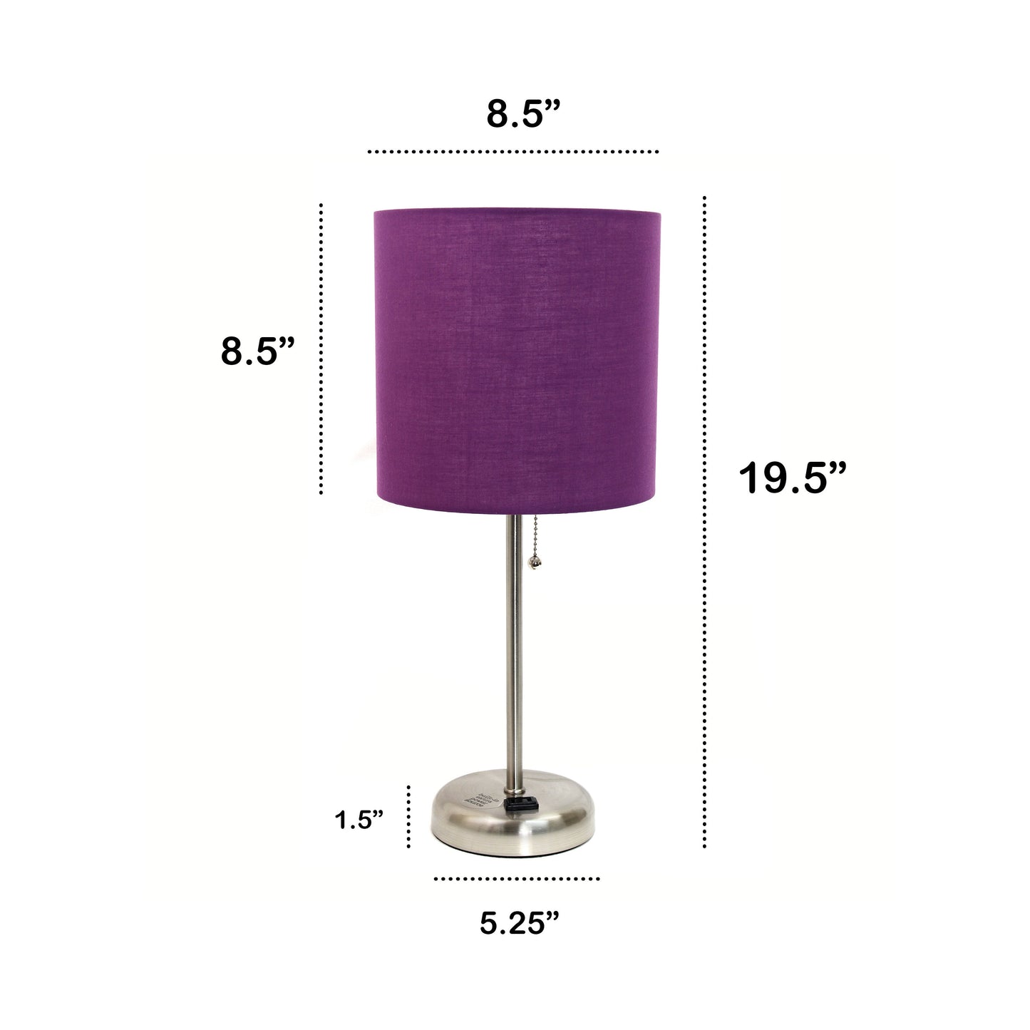 All The Rages Oslo 20" Brushed Steel Base Standard Table Lamp With Power Outlet & Purple Fabric Shade