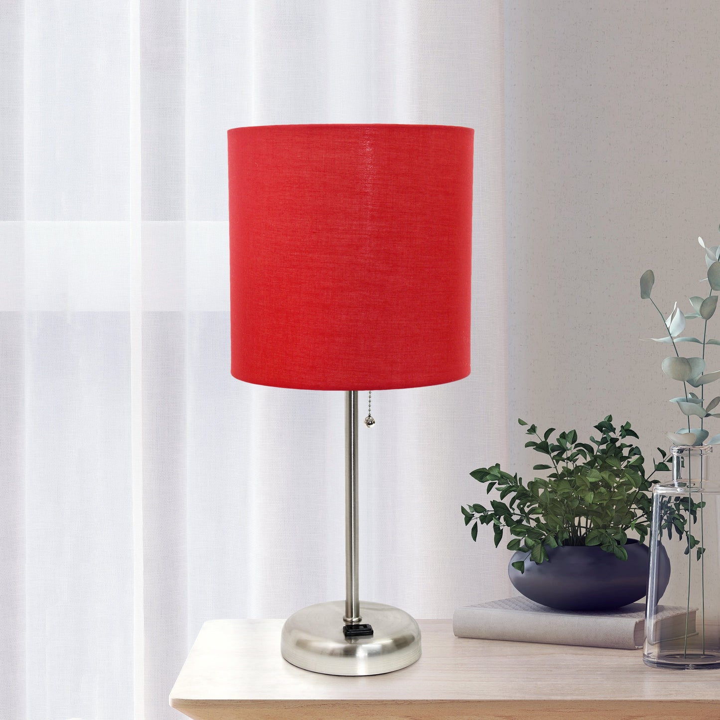 All The Rages Oslo 20" Brushed Steel Base Standard Table Lamp With Power Outlet & Red Fabric Shade