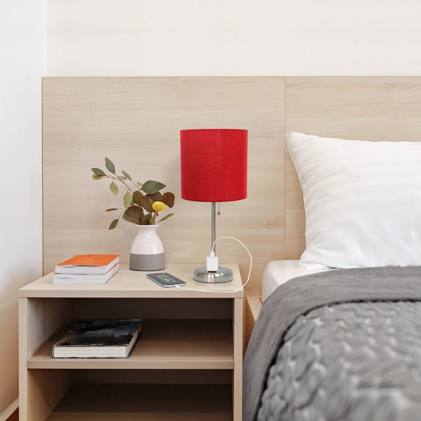All The Rages Oslo 20" Brushed Steel Base Standard Table Lamp With Power Outlet & Red Fabric Shade