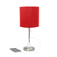 All The Rages Oslo 20" Brushed Steel Base Standard Table Lamp With Power Outlet & Red Fabric Shade
