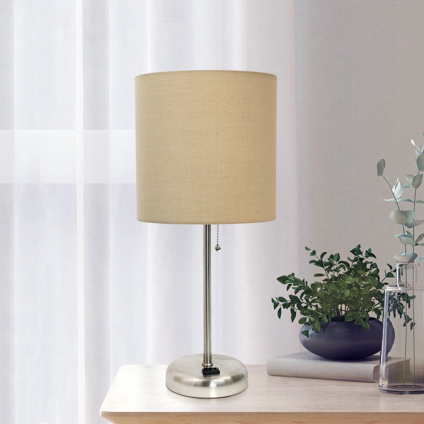 All The Rages Oslo 20" Brushed Steel Base Standard Table Lamp With Power Outlet & Tan Fabric Shade
