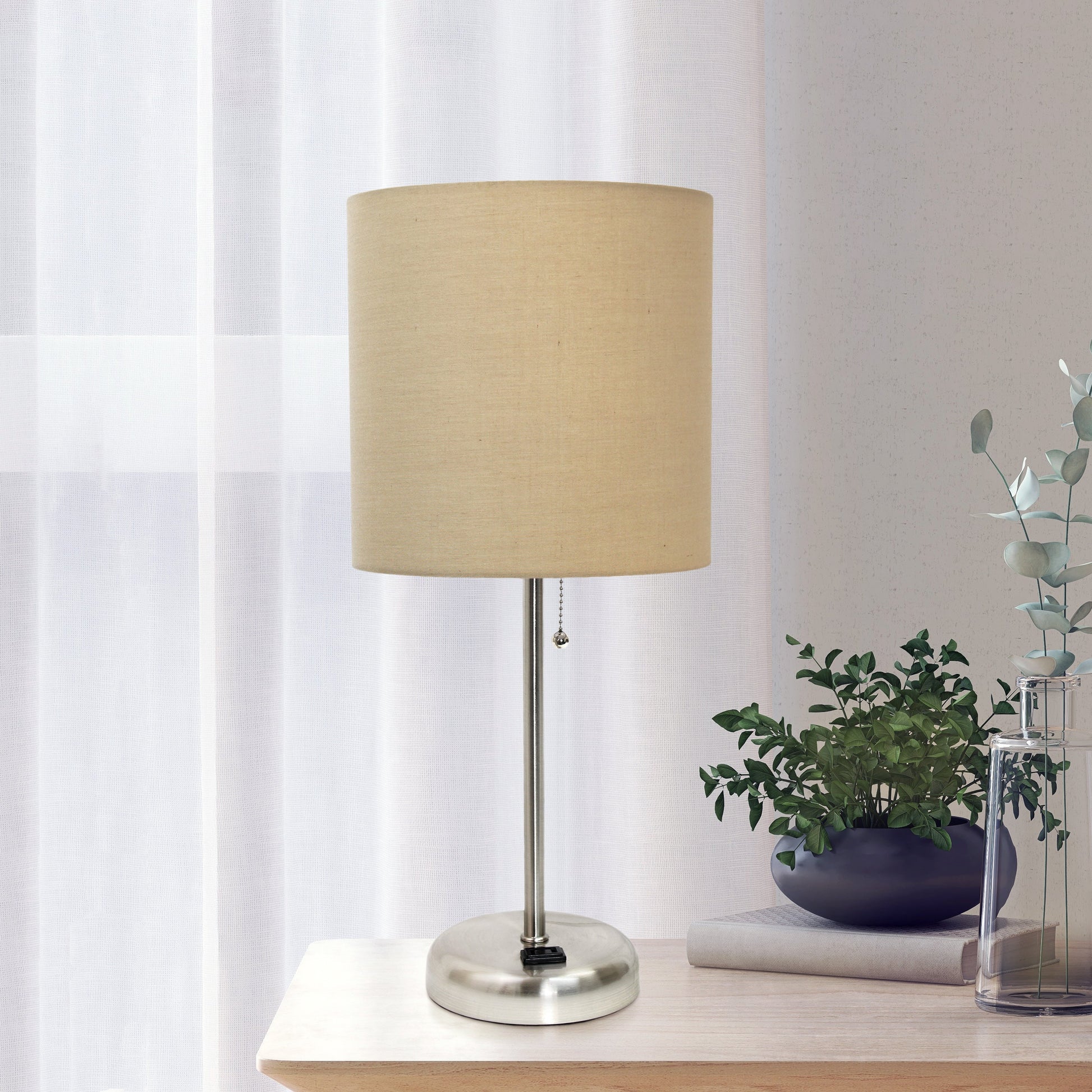 All The Rages Oslo 20" Brushed Steel Base Standard Table Lamp With Power Outlet & Tan Fabric Shade