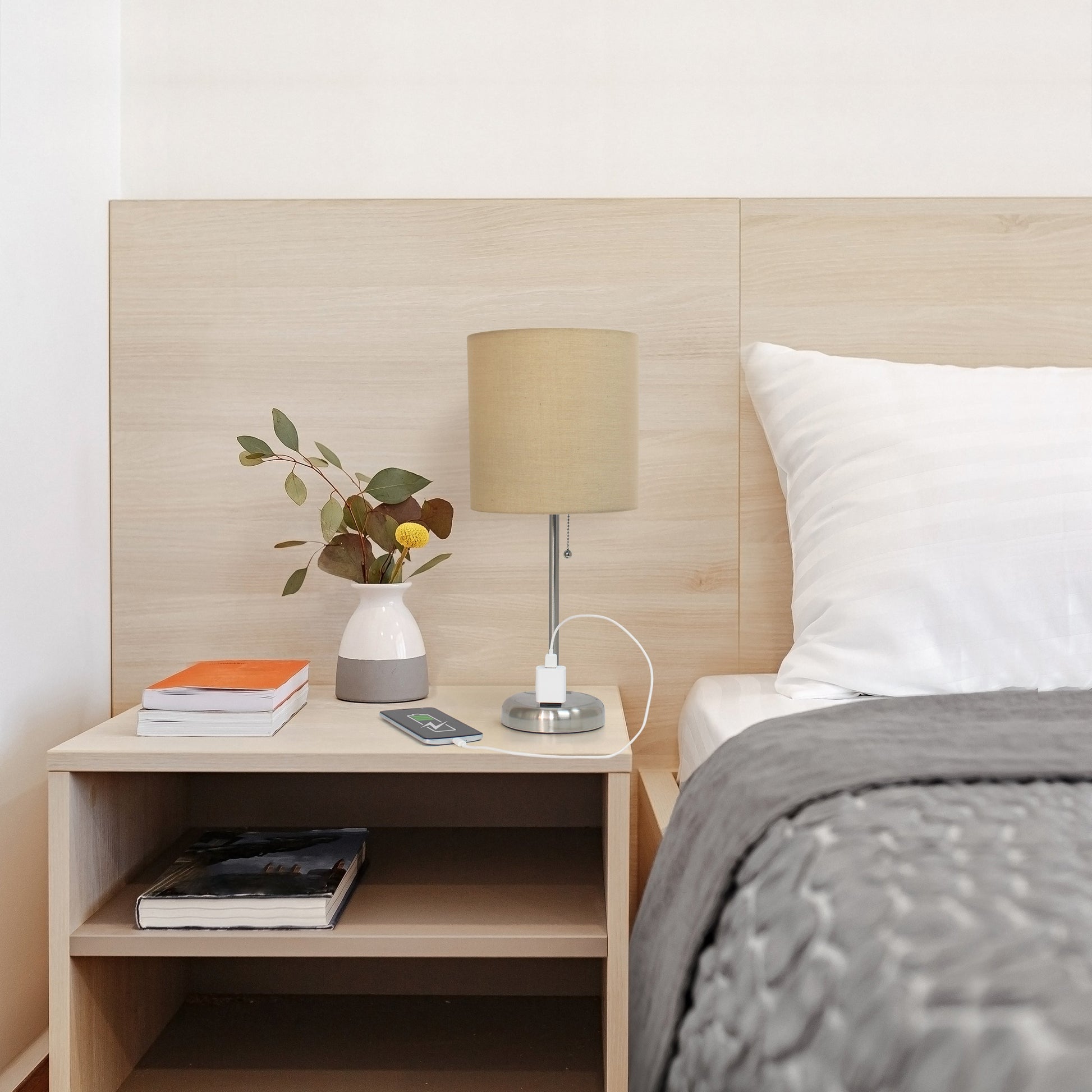 All The Rages Oslo 20" Brushed Steel Base Standard Table Lamp With Power Outlet & Tan Fabric Shade