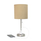All The Rages Oslo 20" Brushed Steel Base Standard Table Lamp With Power Outlet & Tan Fabric Shade