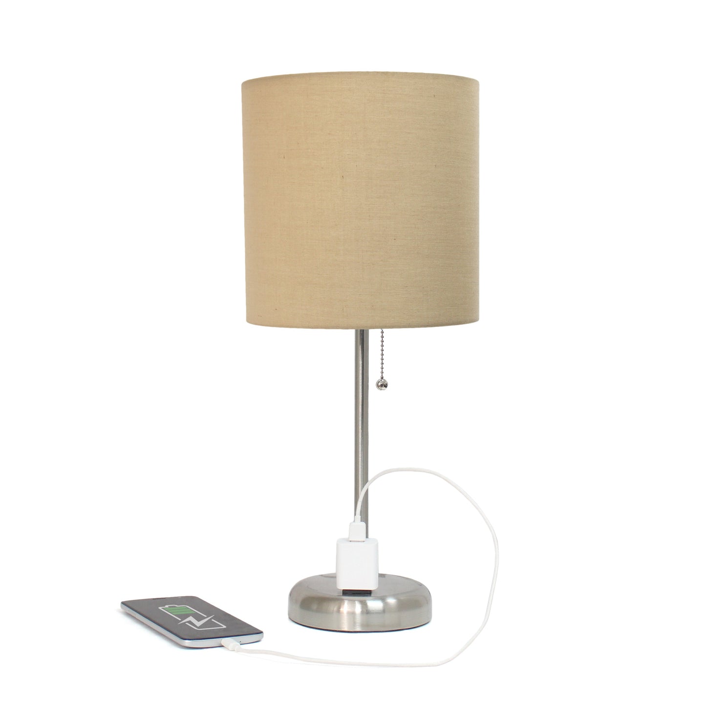 All The Rages Oslo 20" Brushed Steel Base Standard Table Lamp With Power Outlet & Tan Fabric Shade