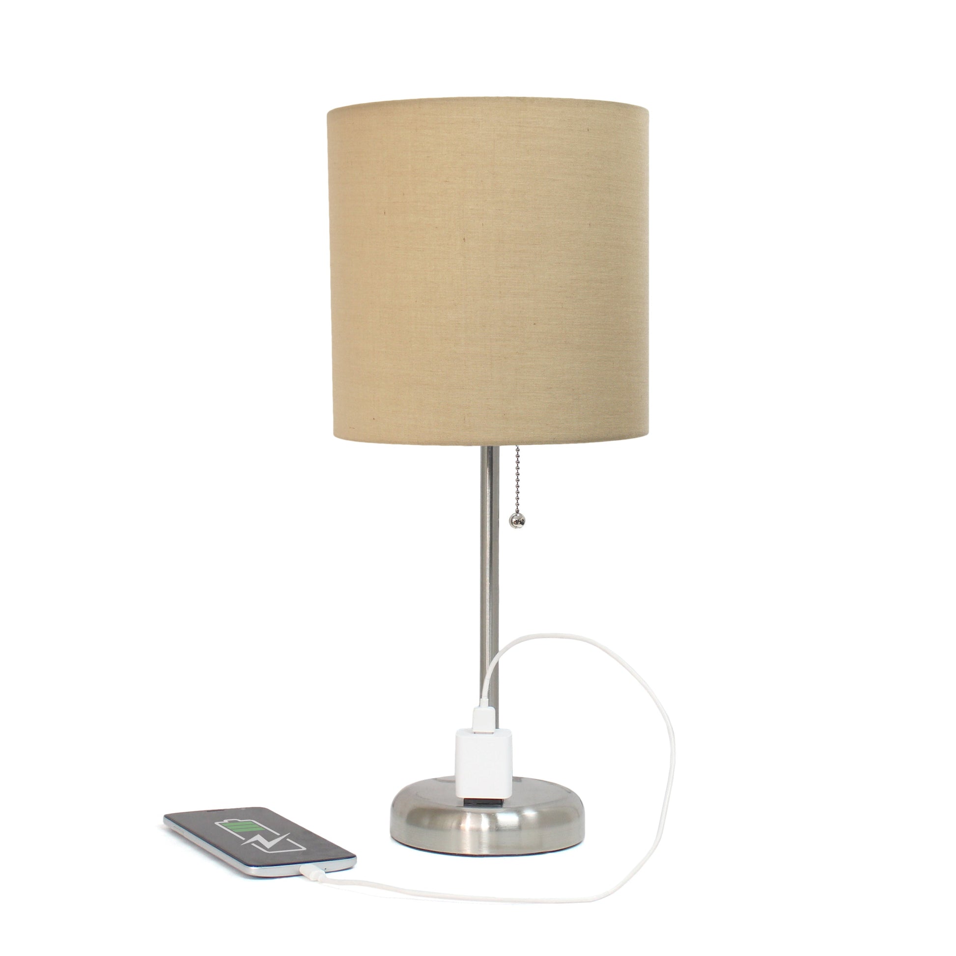 All The Rages Oslo 20" Brushed Steel Base Standard Table Lamp With Power Outlet & Tan Fabric Shade