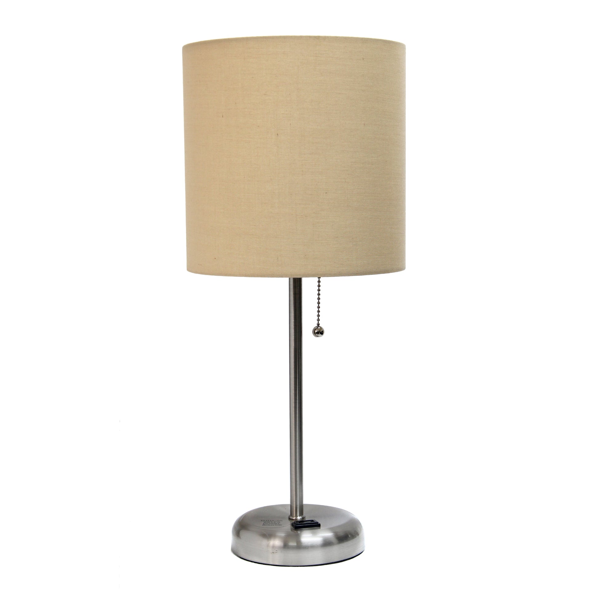 All The Rages Oslo 20" Brushed Steel Base Standard Table Lamp With Power Outlet & Tan Fabric Shade
