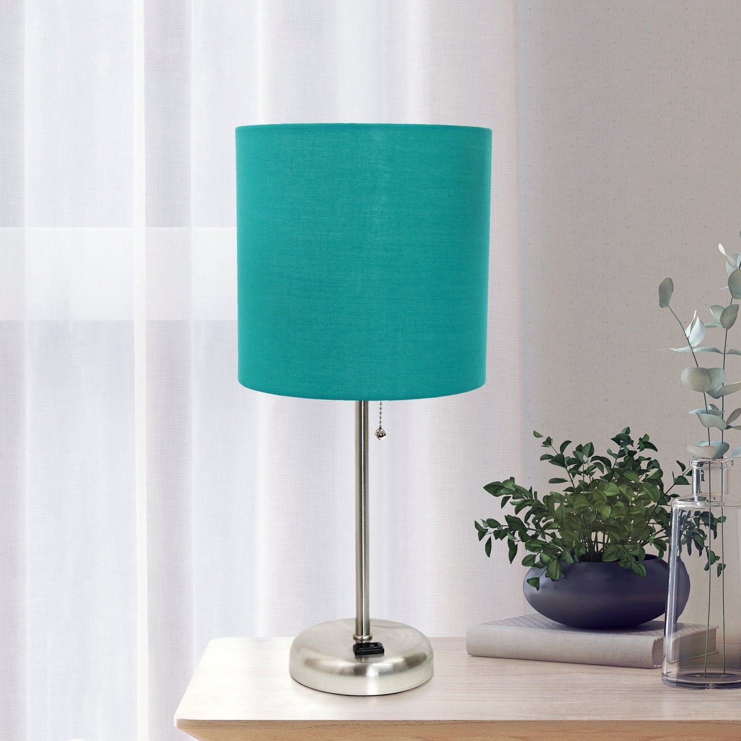 All The Rages Oslo 20" Brushed Steel Base Standard Table Lamp With Power Outlet & Teal Fabric Shade