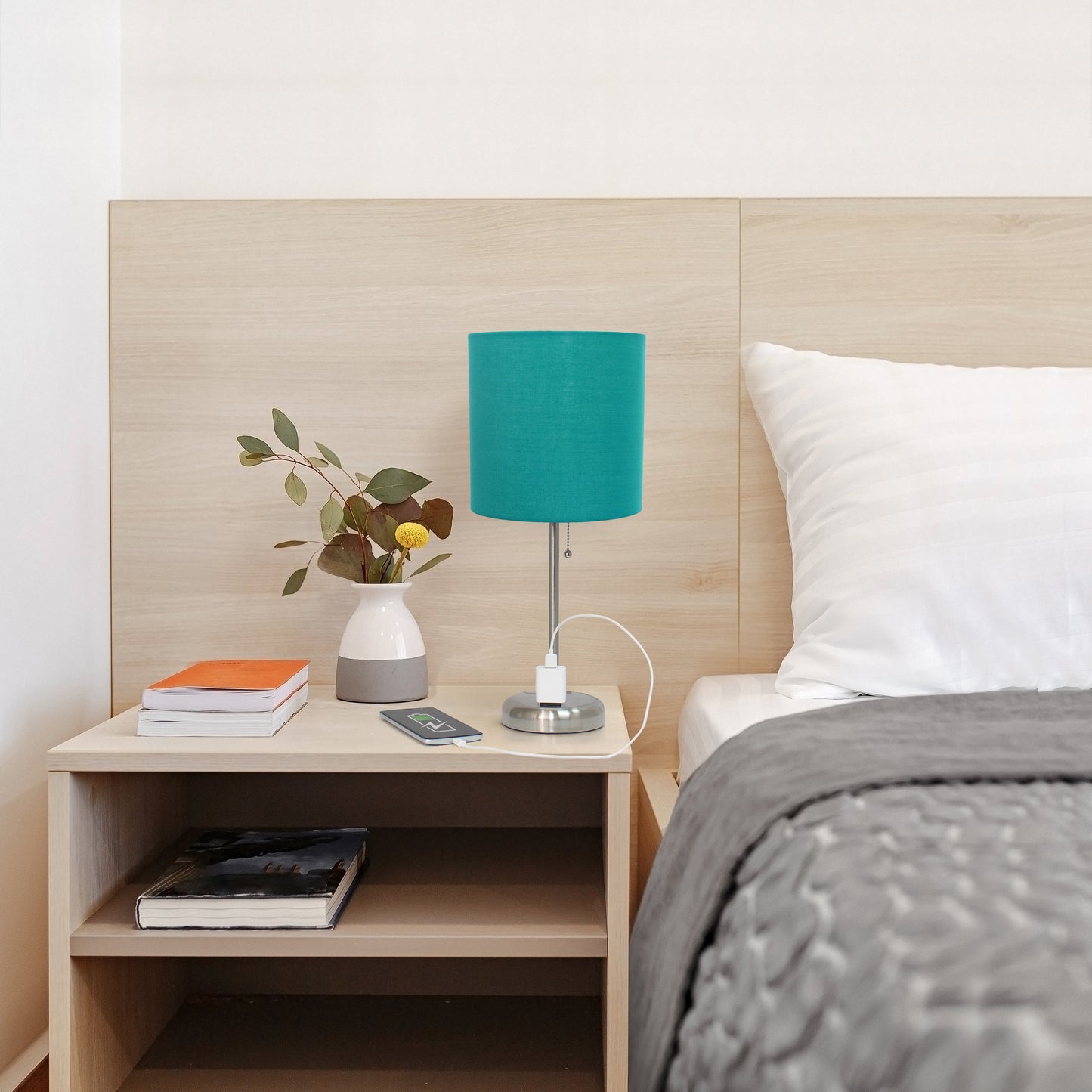 All The Rages Oslo 20" Brushed Steel Base Standard Table Lamp With Power Outlet & Teal Fabric Shade