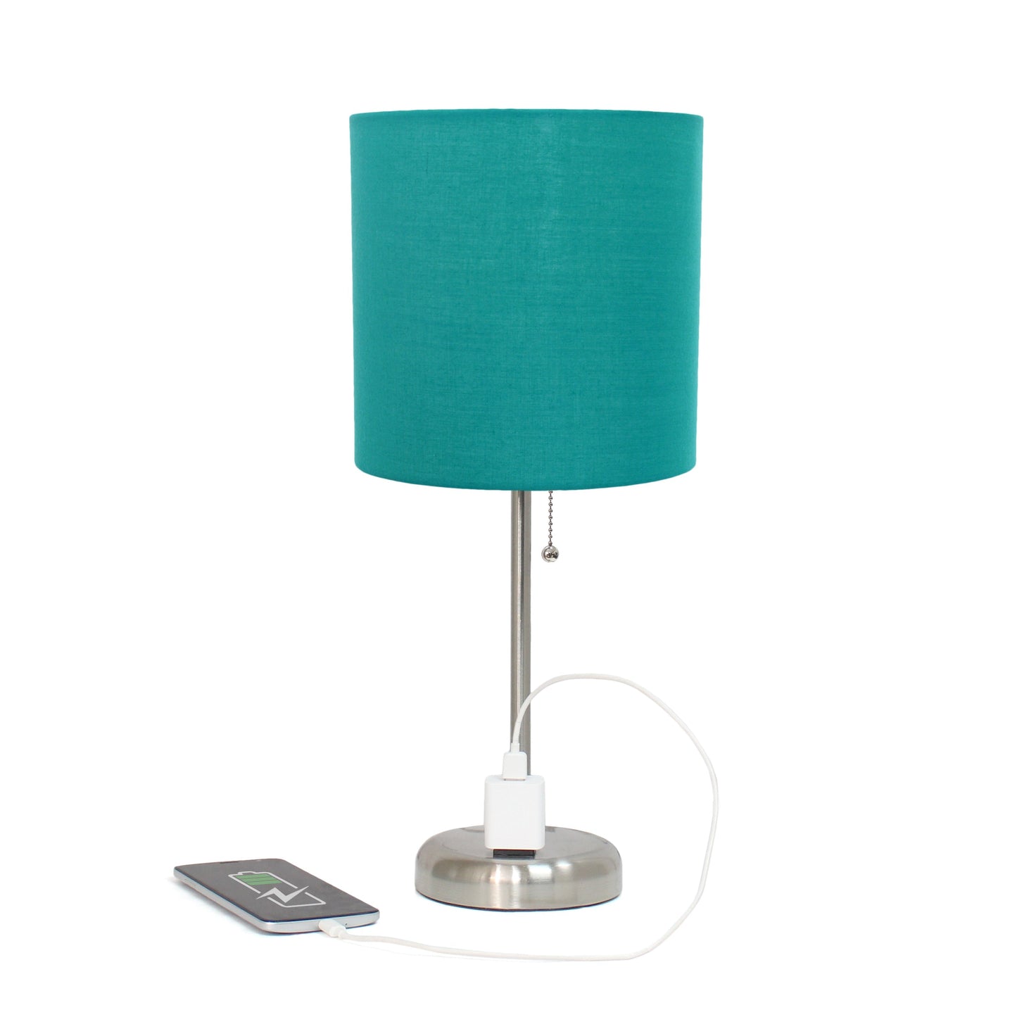 All The Rages Oslo 20" Brushed Steel Base Standard Table Lamp With Power Outlet & Teal Fabric Shade