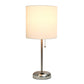 All The Rages Oslo 20" Brushed Steel Base Standard Table Lamp With Power Outlet & White Fabric Shade