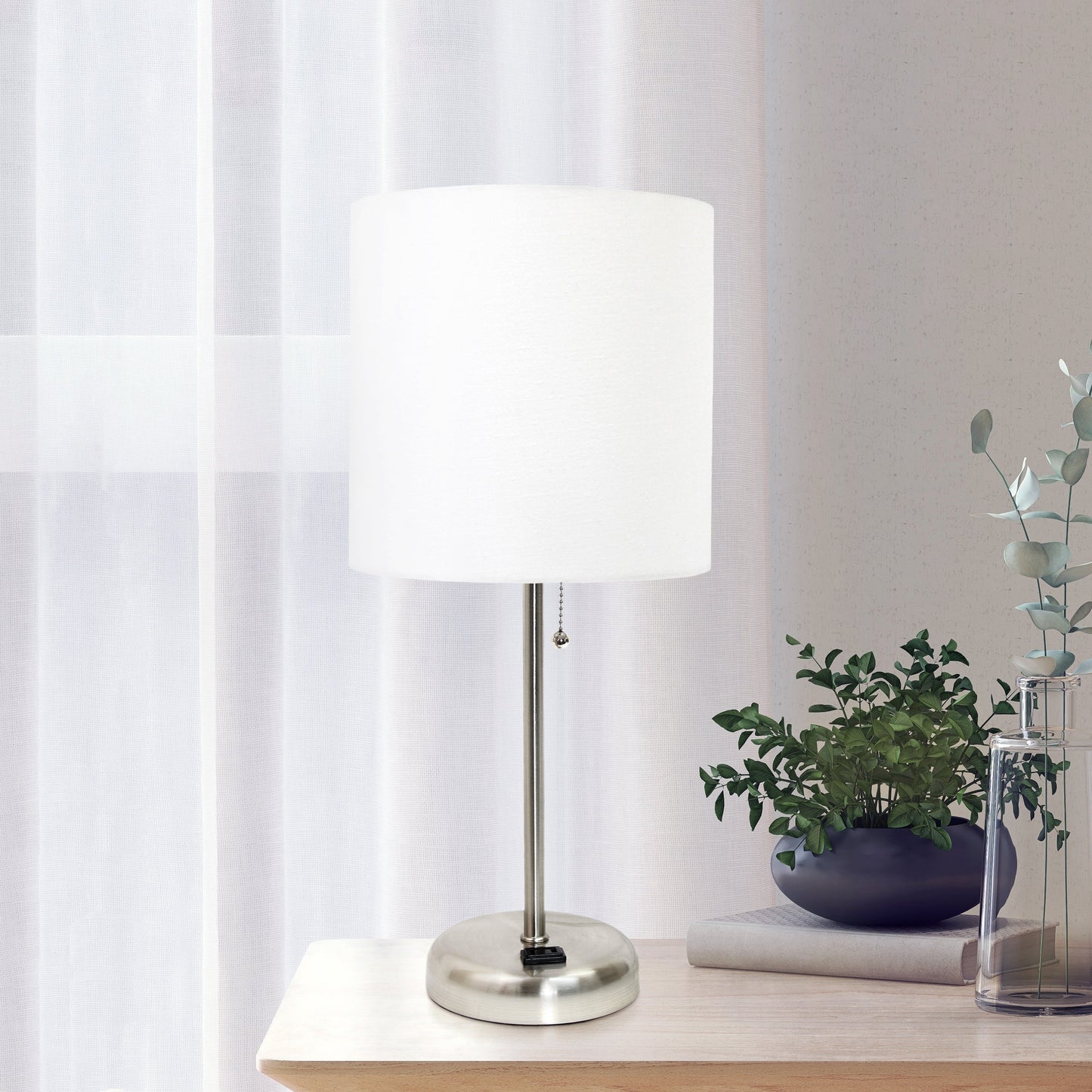 All The Rages Oslo 20" Brushed Steel Base Standard Table Lamp With Power Outlet & White Fabric Shade