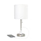 All The Rages Oslo 20" Brushed Steel Base Standard Table Lamp With Power Outlet & White Fabric Shade