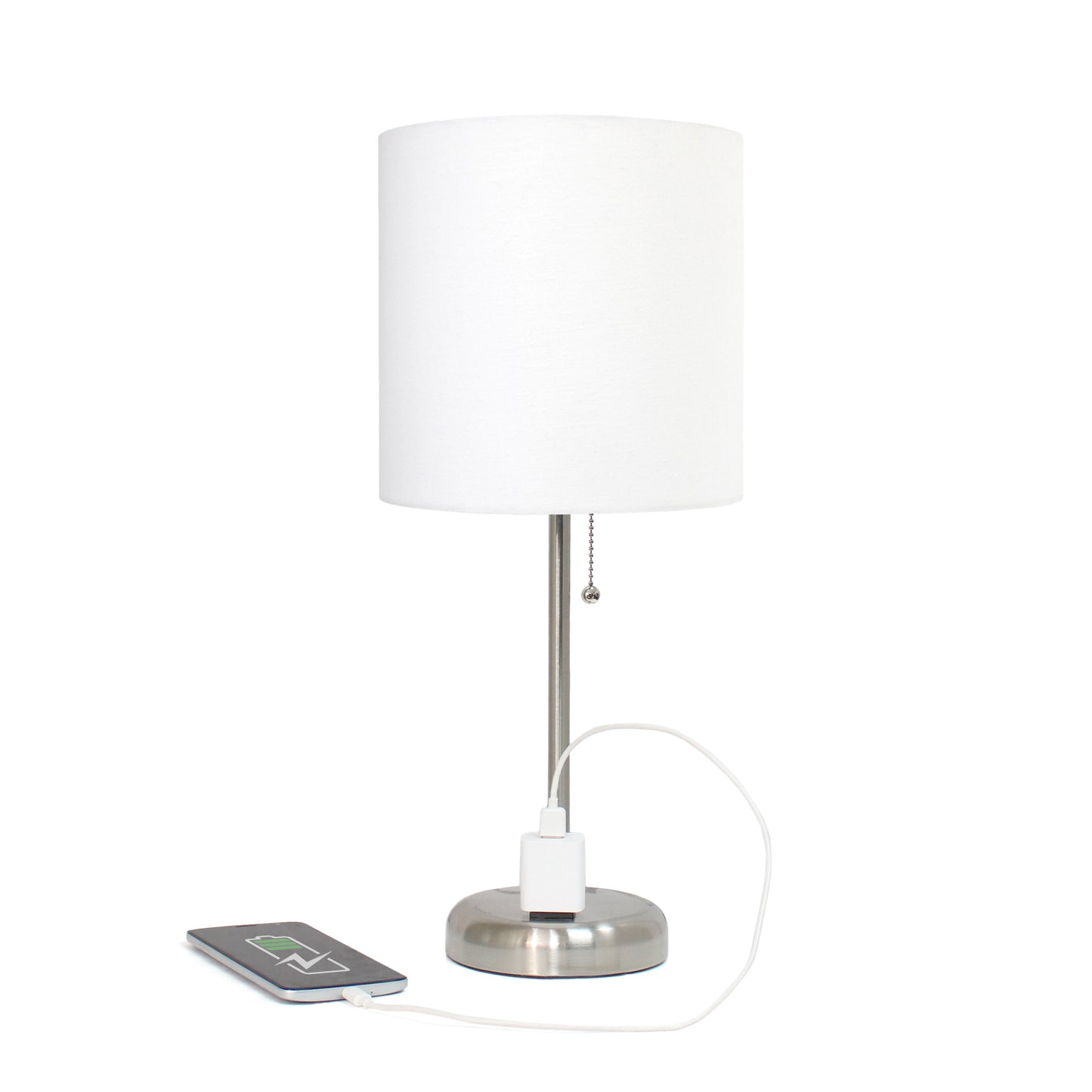 All The Rages Oslo 20" Brushed Steel Base Standard Table Lamp With Power Outlet & White Fabric Shade