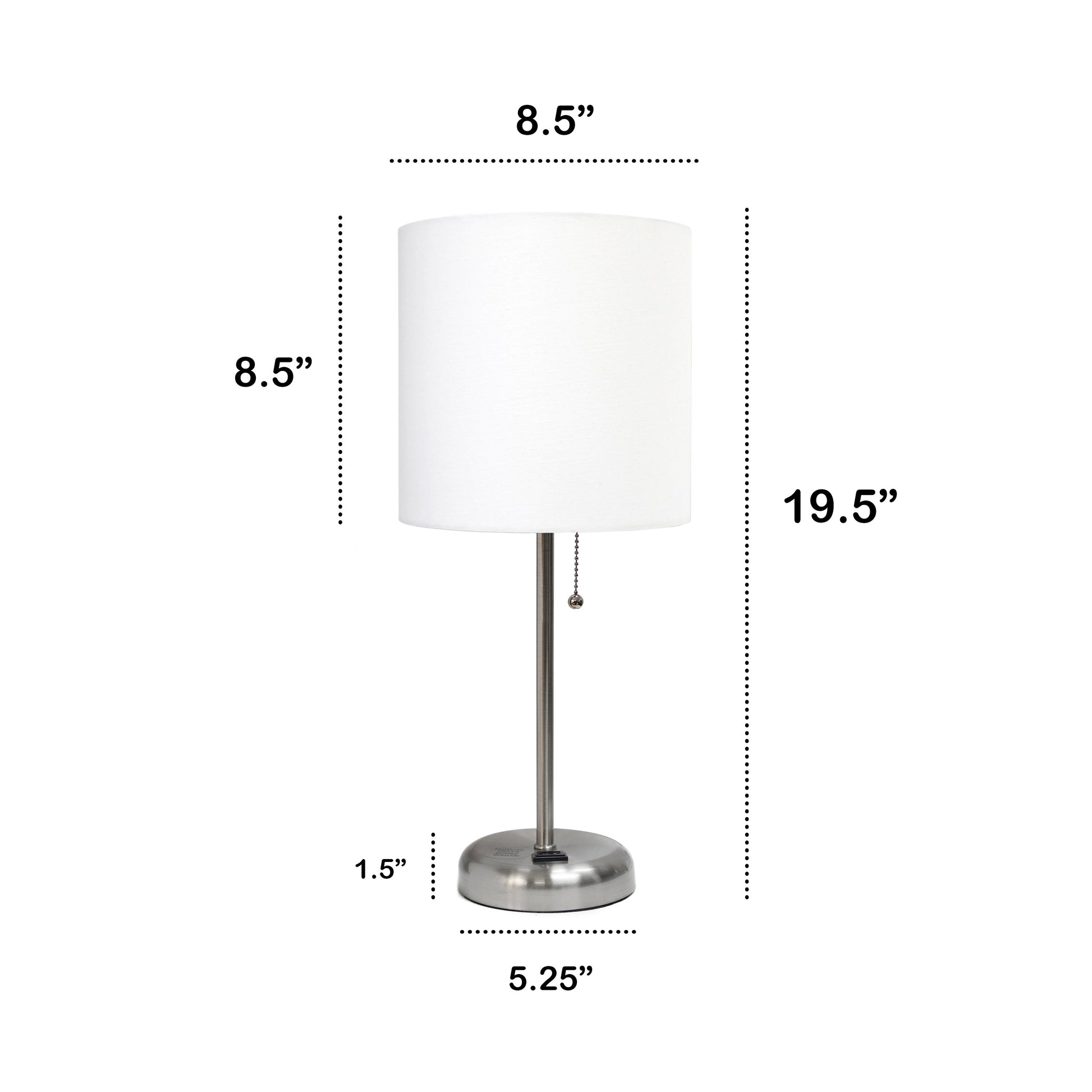 All The Rages Oslo 20" Brushed Steel Base Standard Table Lamp With Power Outlet & White Fabric Shade