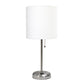 All The Rages Oslo 20" Brushed Steel Base Standard Table Lamp With Power Outlet & White Fabric Shade