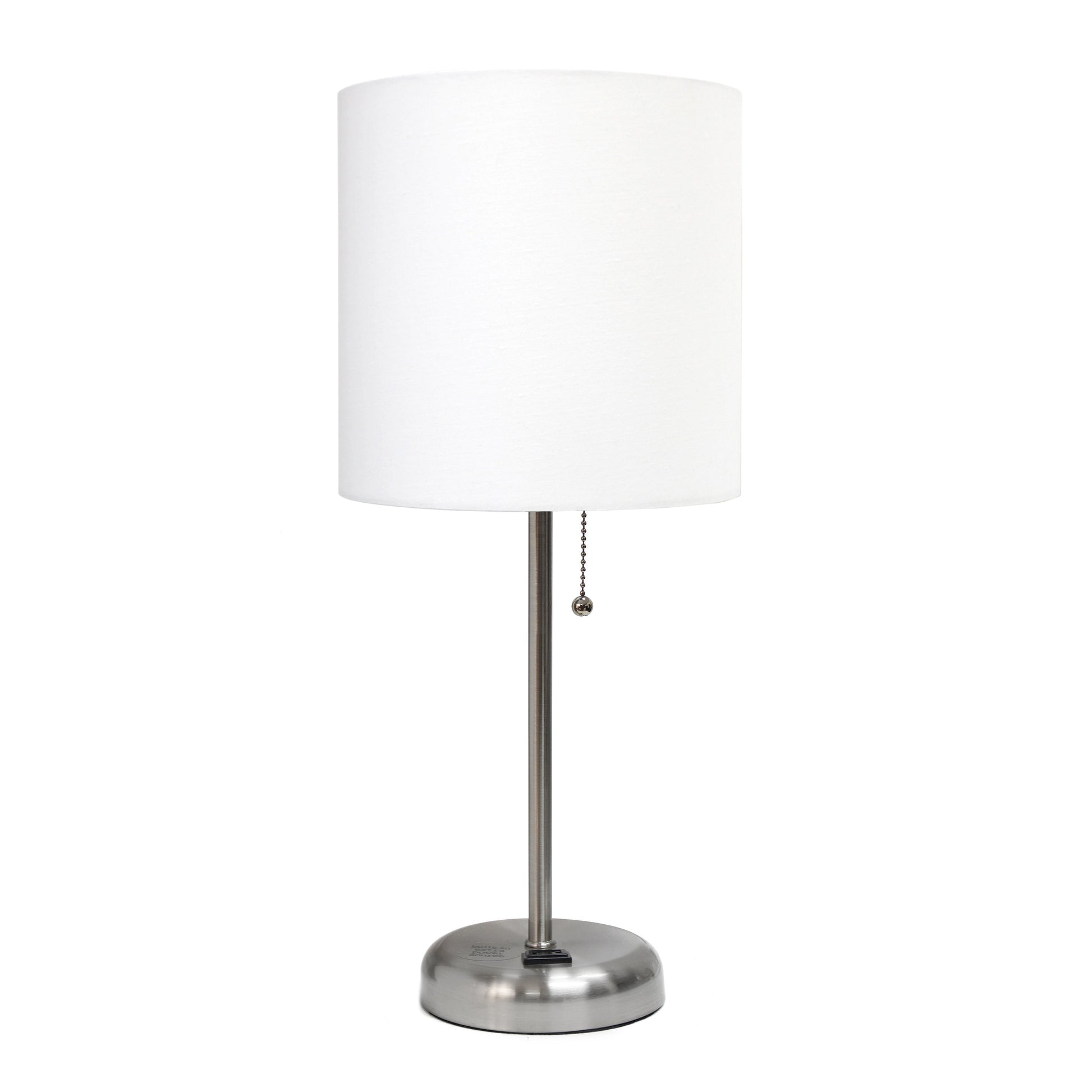 All The Rages Oslo 20" Brushed Steel Base Standard Table Lamp With Power Outlet & White Fabric Shade