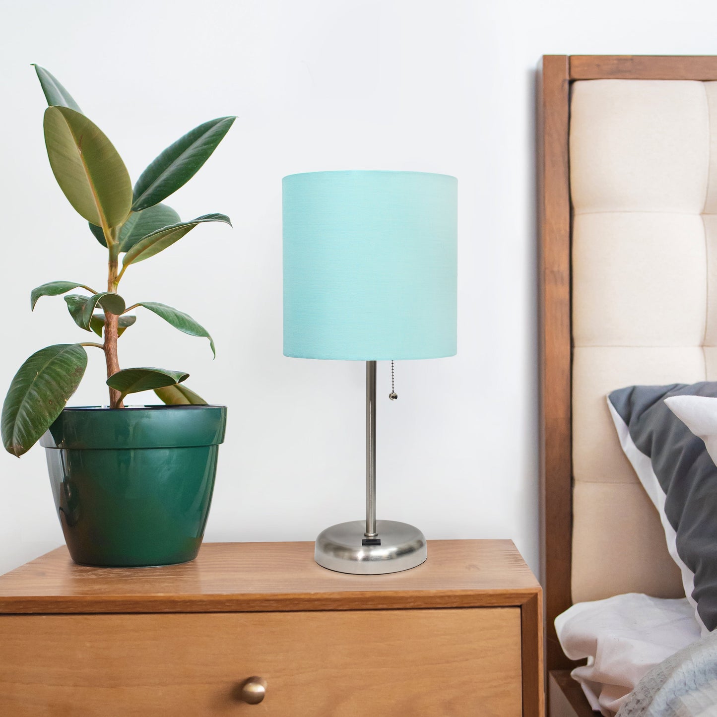 All The Rages Oslo 20" Brushed Steel Base Standard Table Lamp With USB Power Outlet & Aqua Fabric Shade