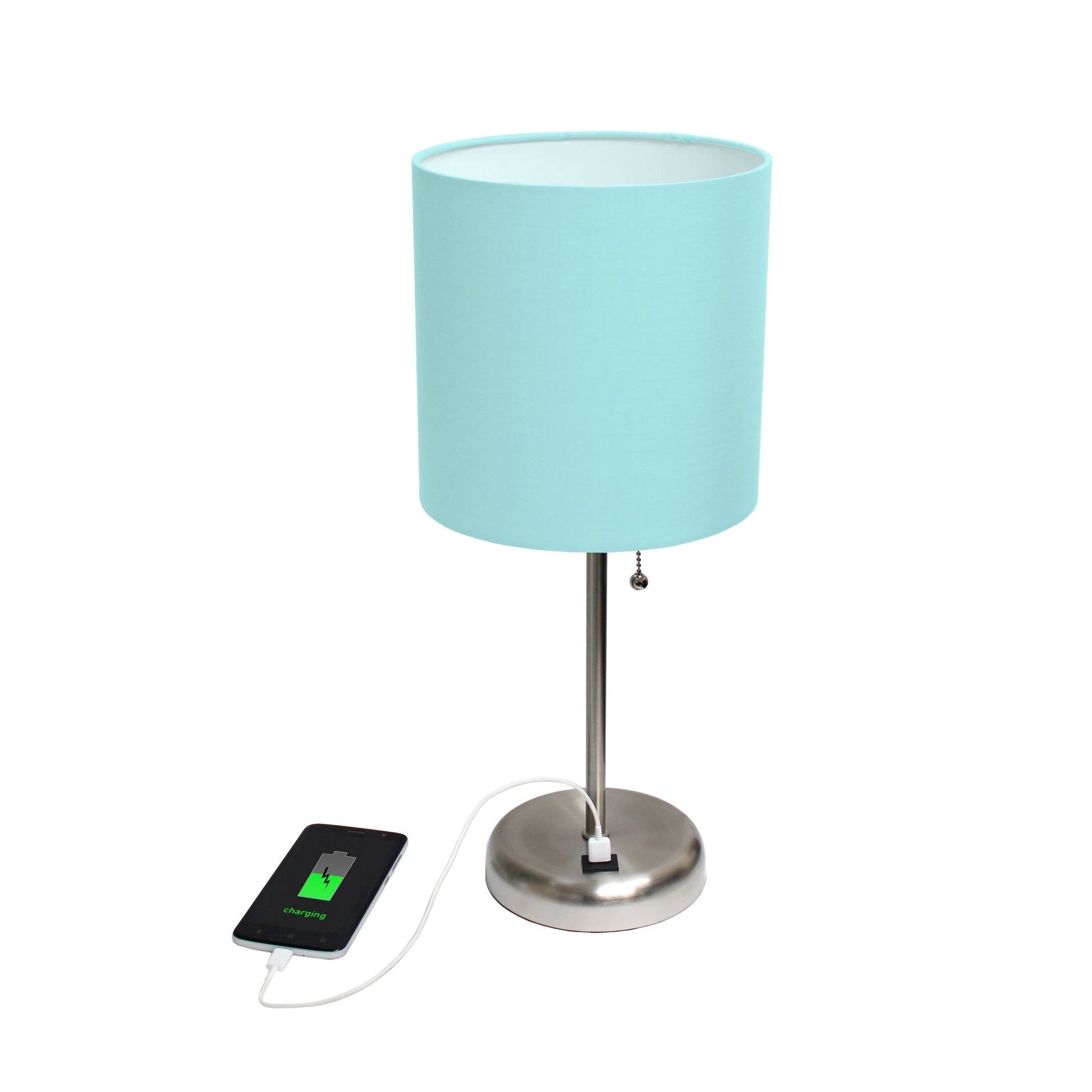All The Rages Oslo 20" Brushed Steel Base Standard Table Lamp With USB Power Outlet & Aqua Fabric Shade