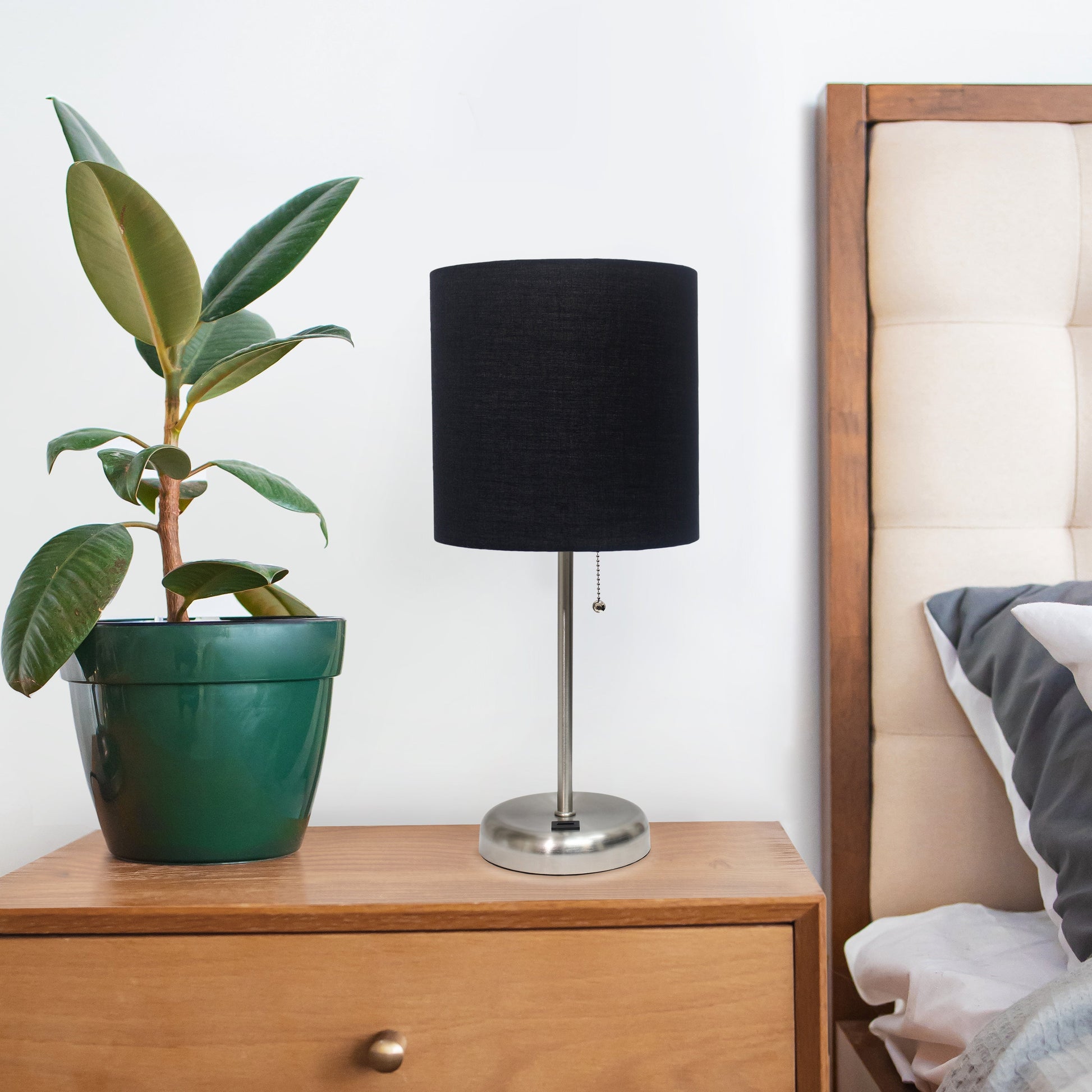 All The Rages Oslo 20" Brushed Steel Base Standard Table Lamp With USB Power Outlet & Black Fabric Shade