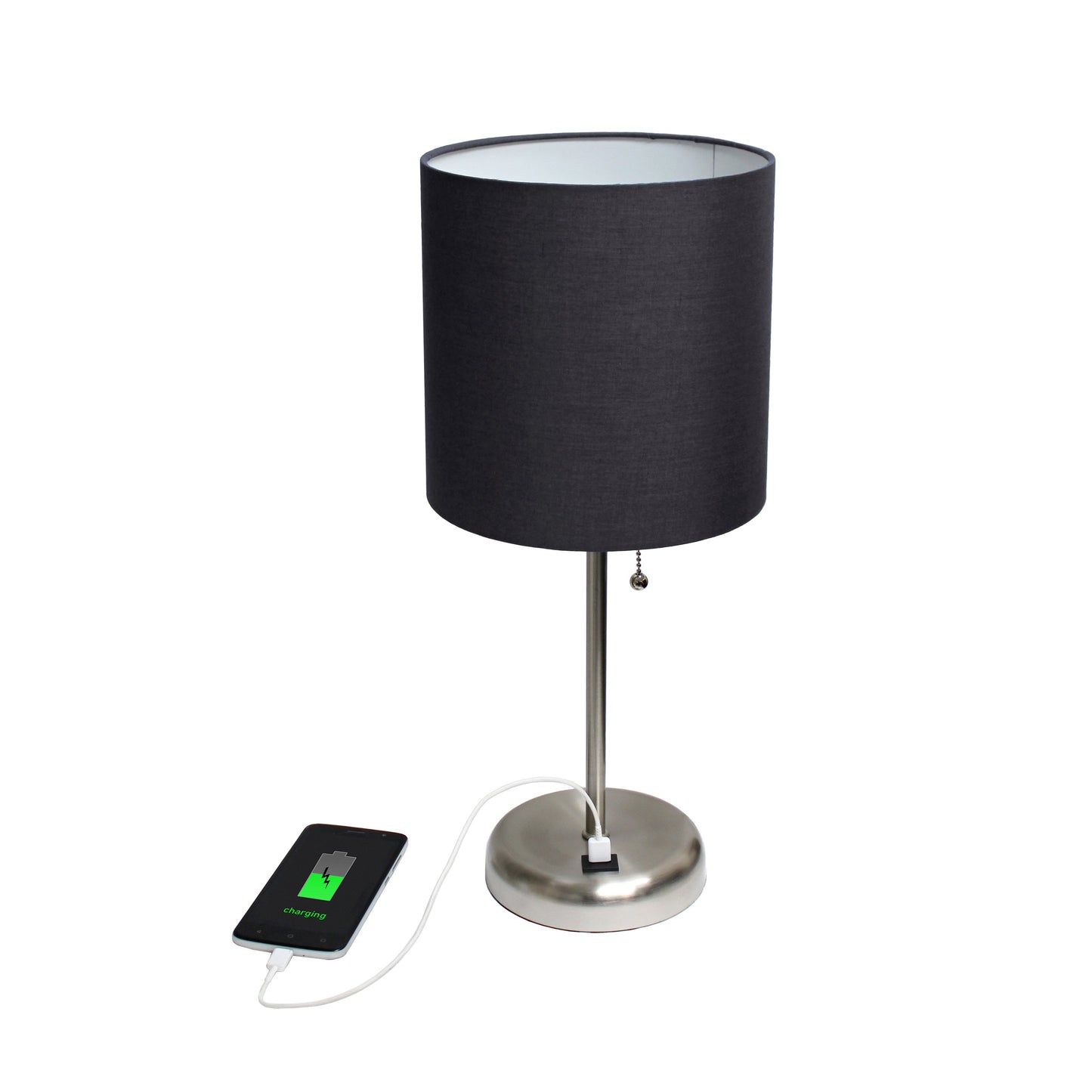 All The Rages Oslo 20" Brushed Steel Base Standard Table Lamp With USB Power Outlet & Black Fabric Shade