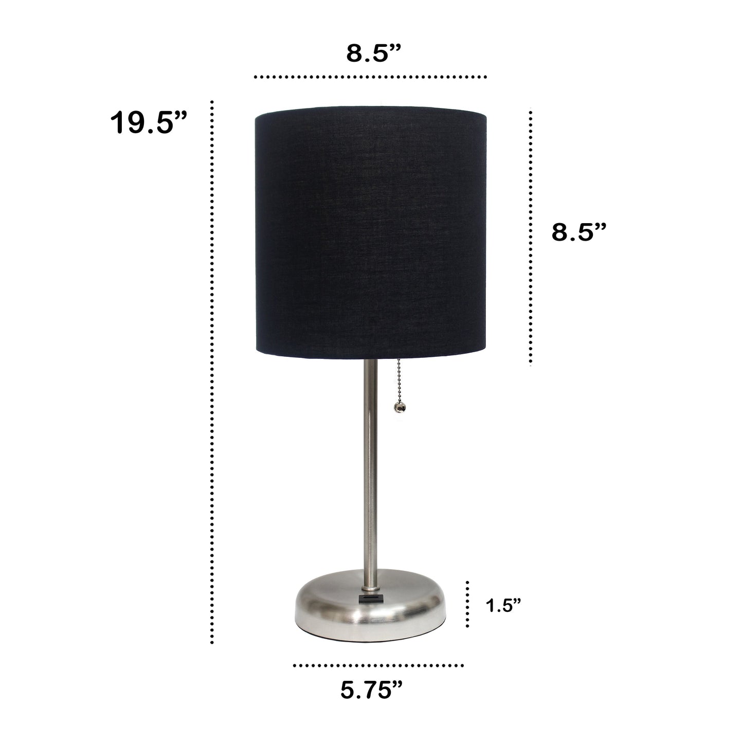 All The Rages Oslo 20" Brushed Steel Base Standard Table Lamp With USB Power Outlet & Black Fabric Shade