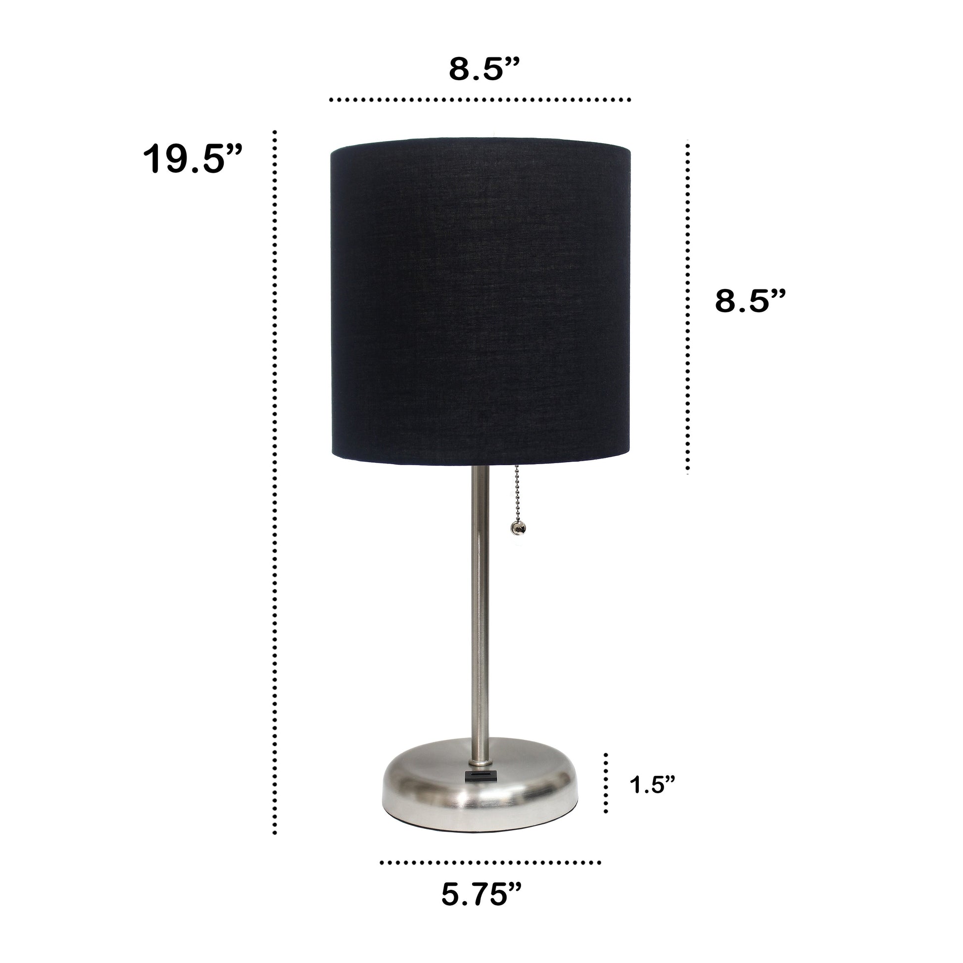 All The Rages Oslo 20" Brushed Steel Base Standard Table Lamp With USB Power Outlet & Black Fabric Shade