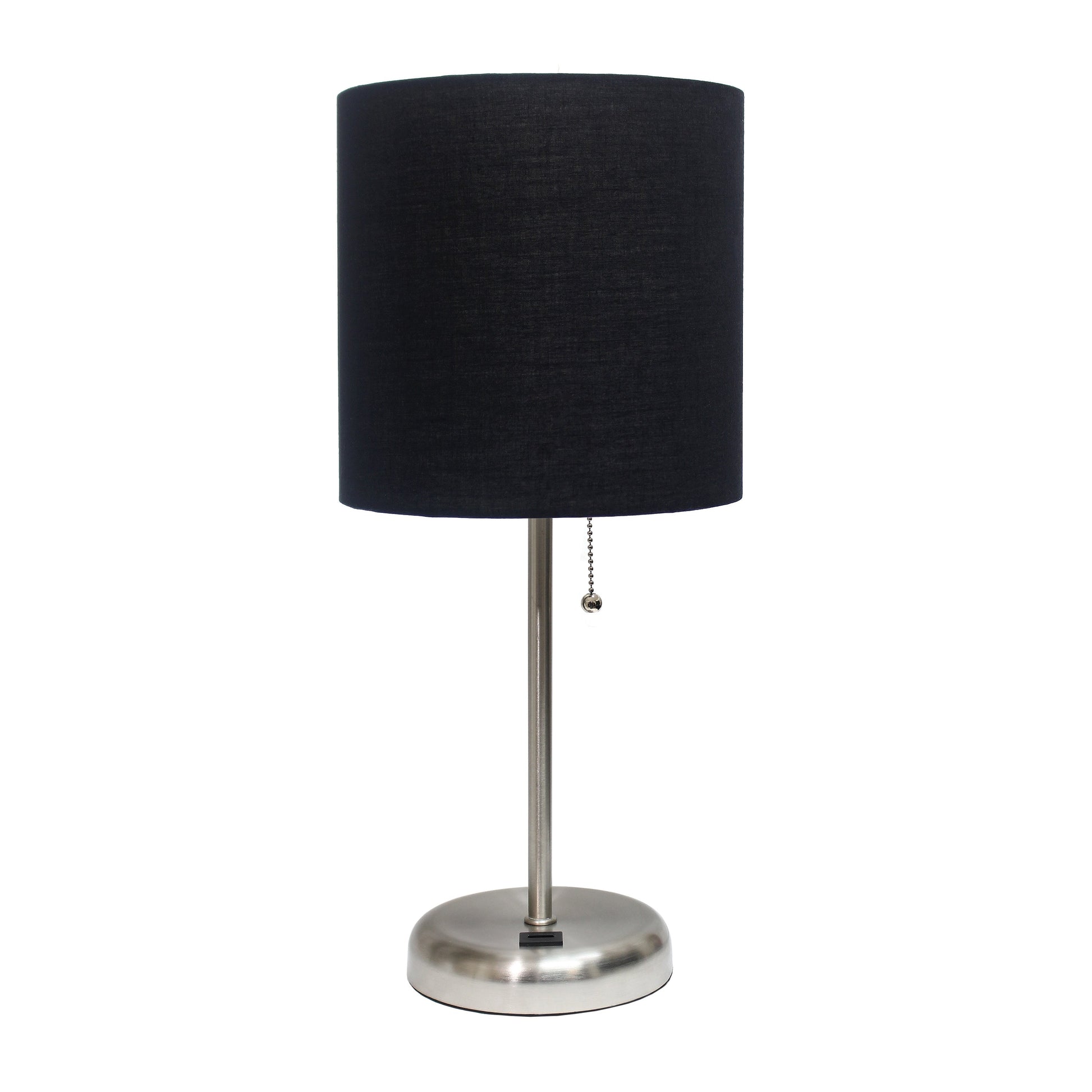 All The Rages Oslo 20" Brushed Steel Base Standard Table Lamp With USB Power Outlet & Black Fabric Shade