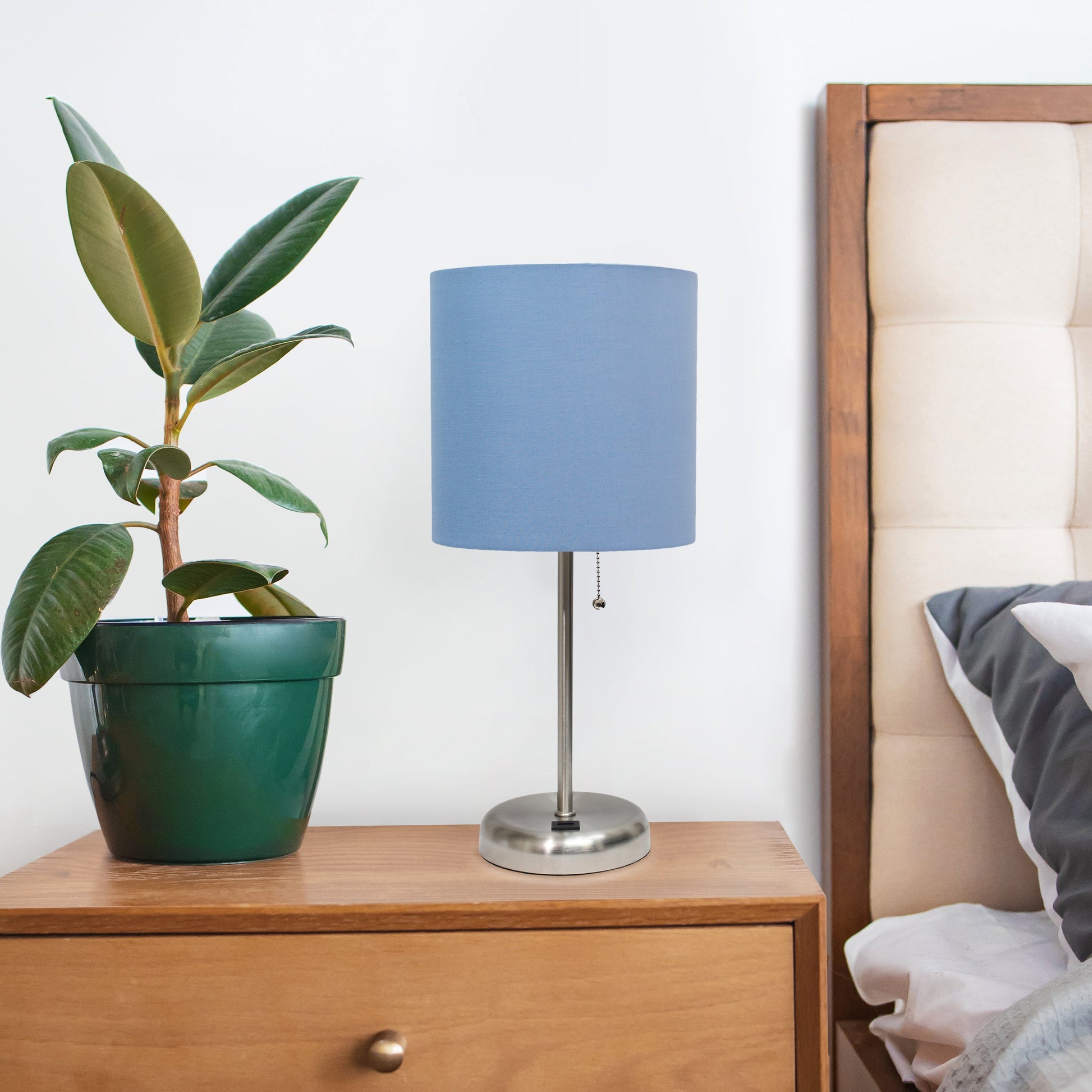 All The Rages Oslo 20" Brushed Steel Base Standard Table Lamp With USB Power Outlet & Blue Fabric Shade