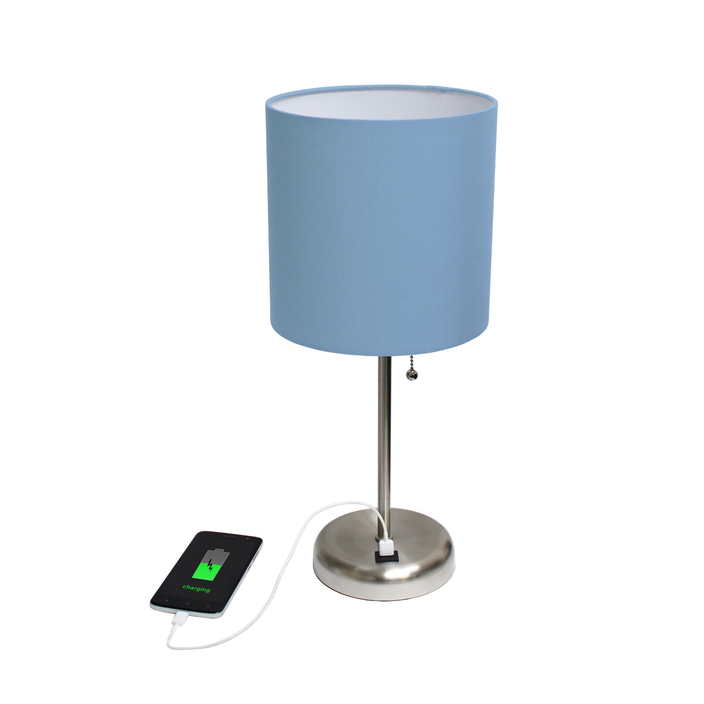 All The Rages Oslo 20" Brushed Steel Base Standard Table Lamp With USB Power Outlet & Blue Fabric Shade