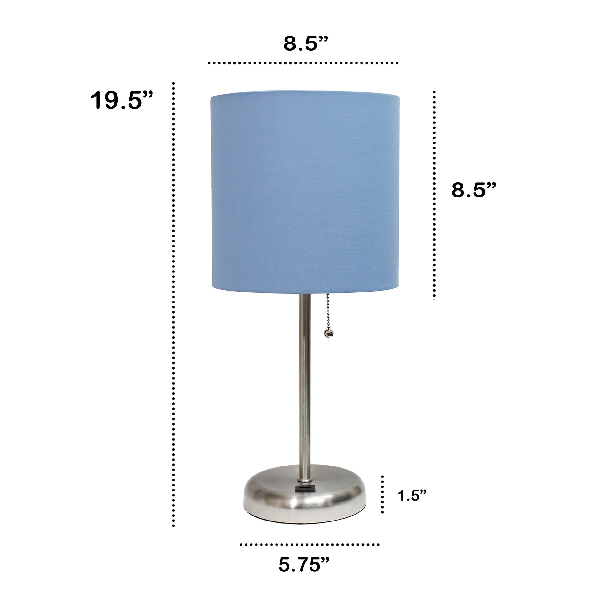 All The Rages Oslo 20" Brushed Steel Base Standard Table Lamp With USB Power Outlet & Blue Fabric Shade
