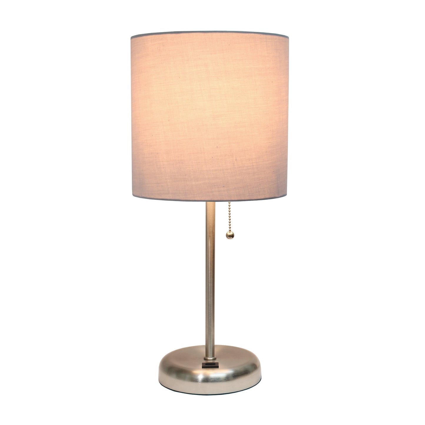 All The Rages Oslo 20" Brushed Steel Base Standard Table Lamp With USB Power Outlet & Gray Fabric Shade