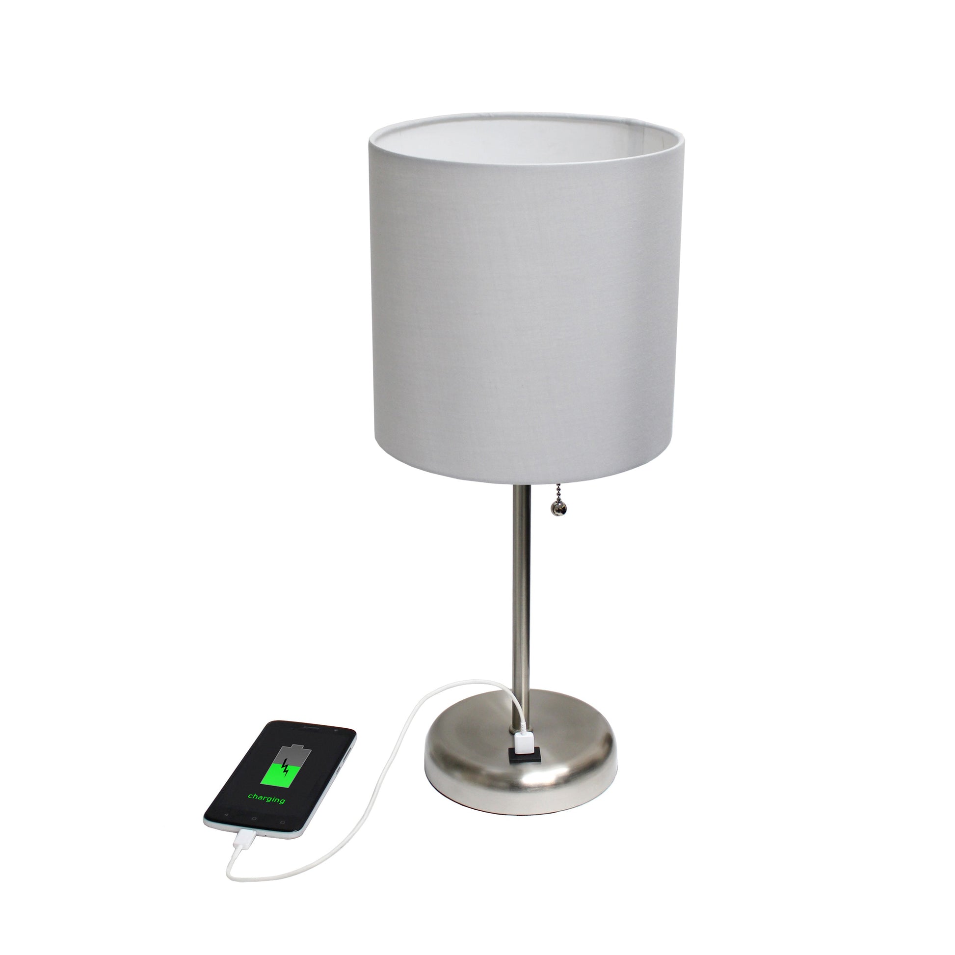 All The Rages Oslo 20" Brushed Steel Base Standard Table Lamp With USB Power Outlet & Gray Fabric Shade