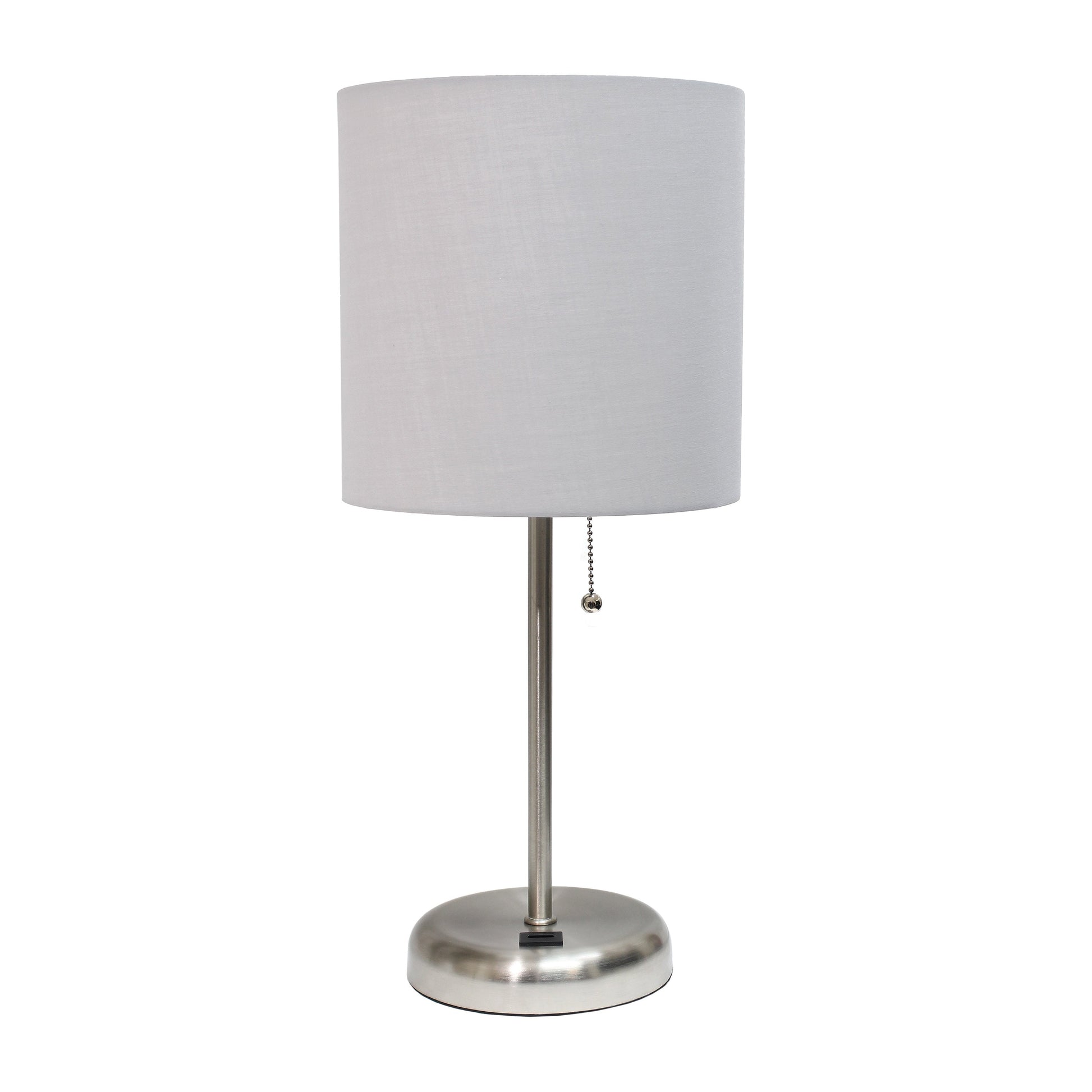 All The Rages Oslo 20" Brushed Steel Base Standard Table Lamp With USB Power Outlet & Gray Fabric Shade