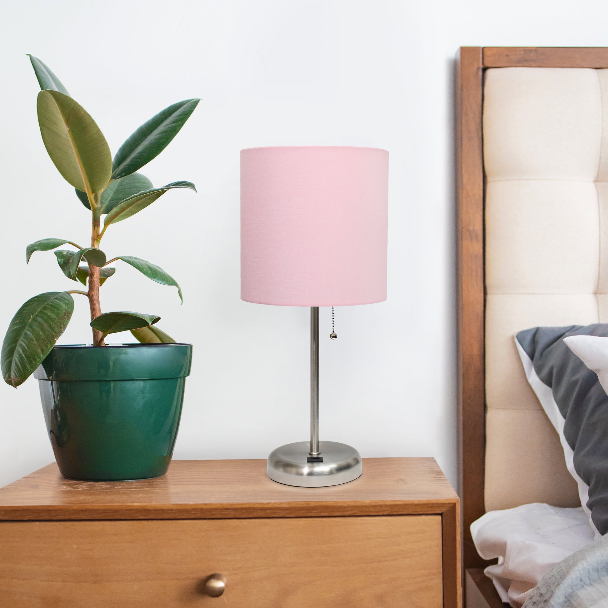 All The Rages Oslo 20" Brushed Steel Base Standard Table Lamp With USB Power Outlet & Light Pink Fabric Shade