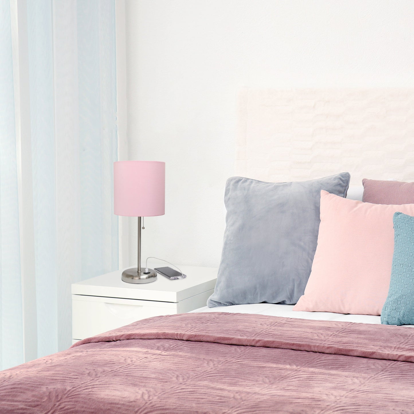 All The Rages Oslo 20" Brushed Steel Base Standard Table Lamp With USB Power Outlet & Light Pink Fabric Shade