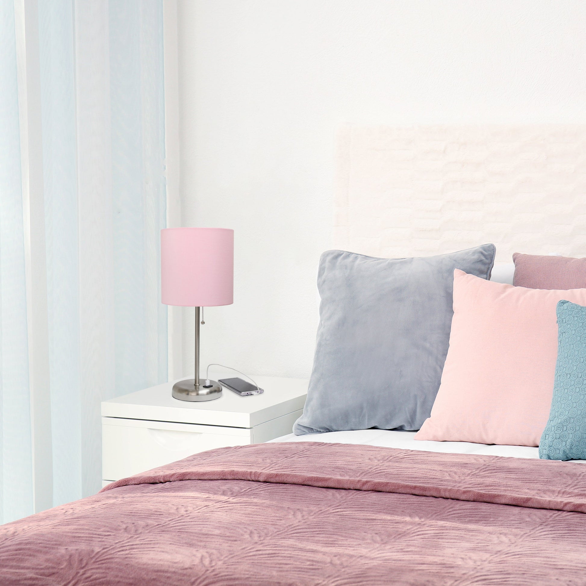 All The Rages Oslo 20" Brushed Steel Base Standard Table Lamp With USB Power Outlet & Light Pink Fabric Shade
