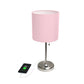 All The Rages Oslo 20" Brushed Steel Base Standard Table Lamp With USB Power Outlet & Light Pink Fabric Shade