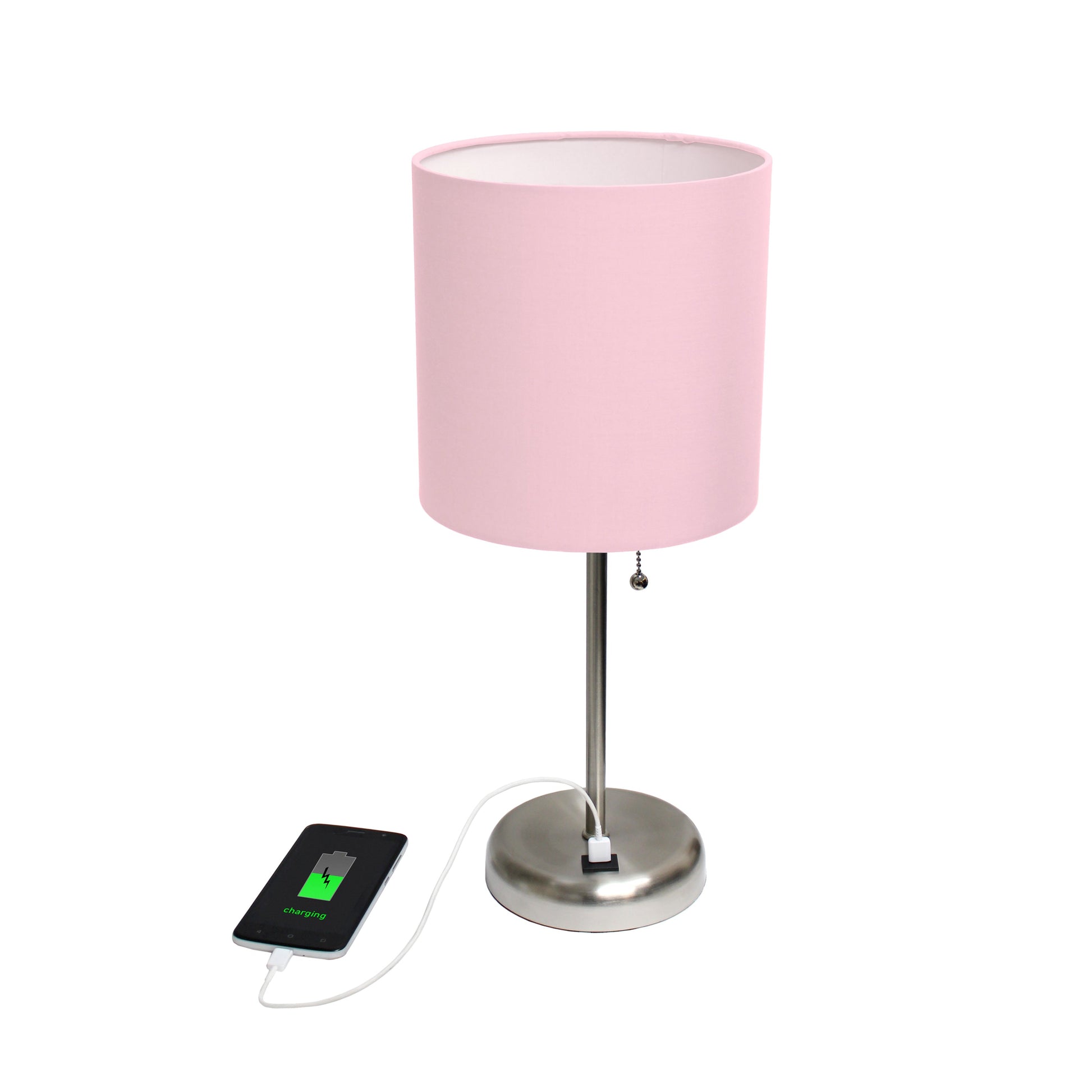 All The Rages Oslo 20" Brushed Steel Base Standard Table Lamp With USB Power Outlet & Light Pink Fabric Shade