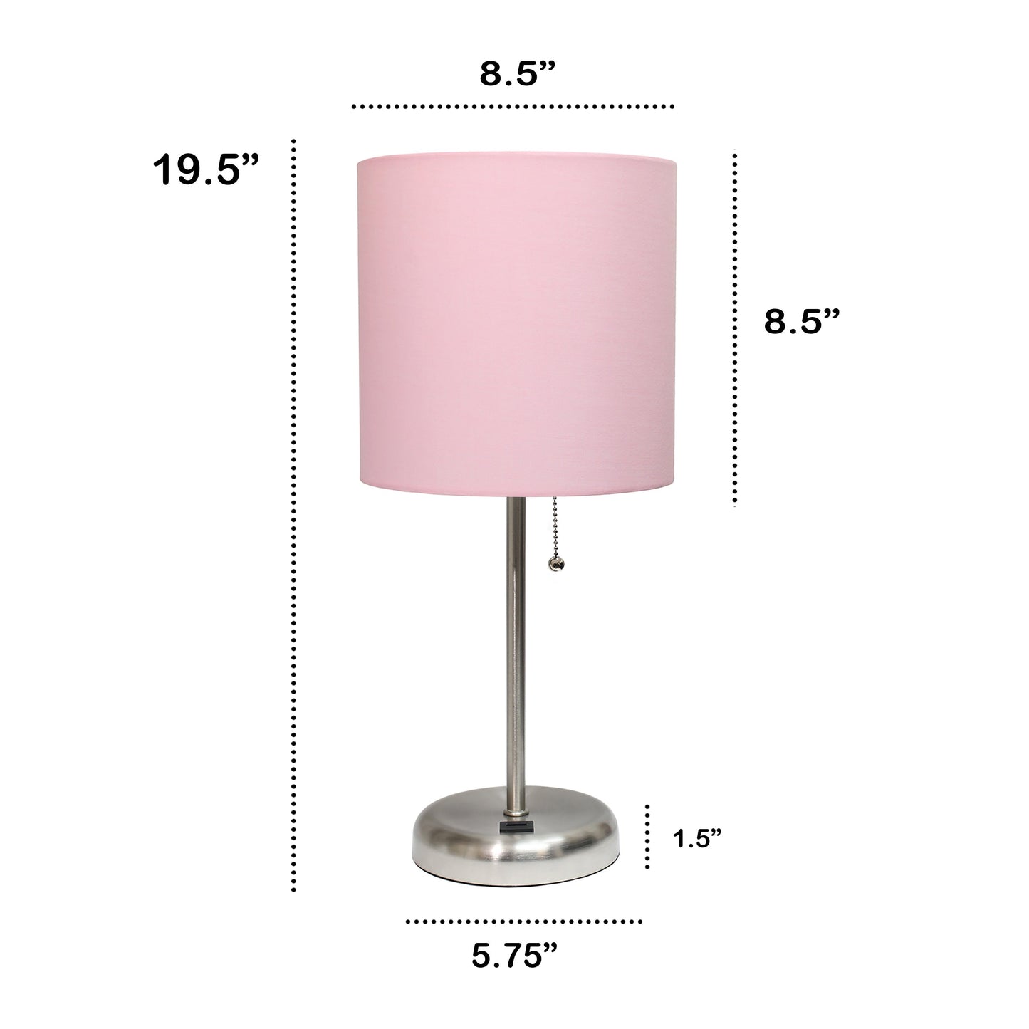 All The Rages Oslo 20" Brushed Steel Base Standard Table Lamp With USB Power Outlet & Light Pink Fabric Shade